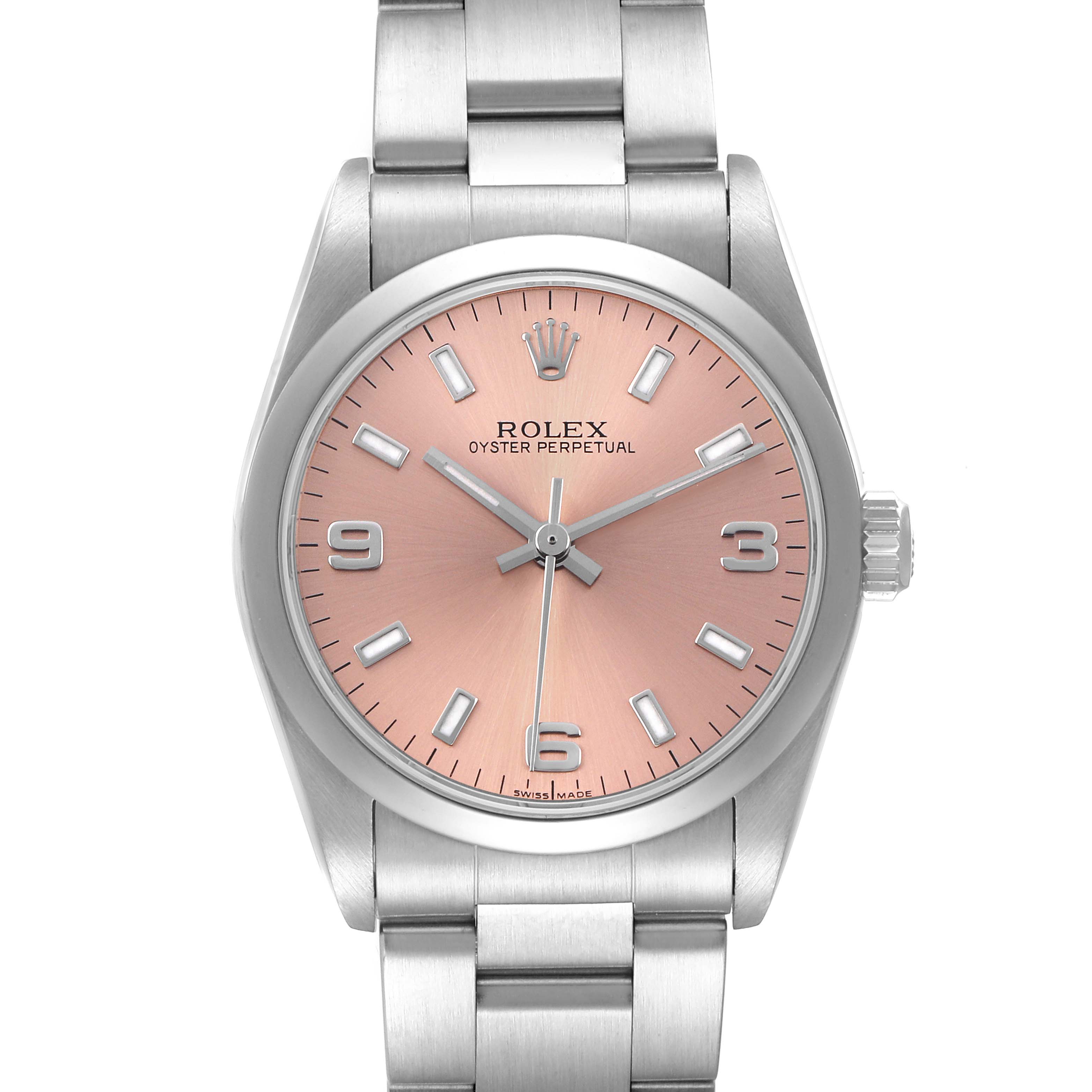The Rolex Oyster Perpetual 77080 Women's Stainless Steel Pink Dial watch is shown from the front, highlighting its pink dial, bezel, bracelet, and crown.