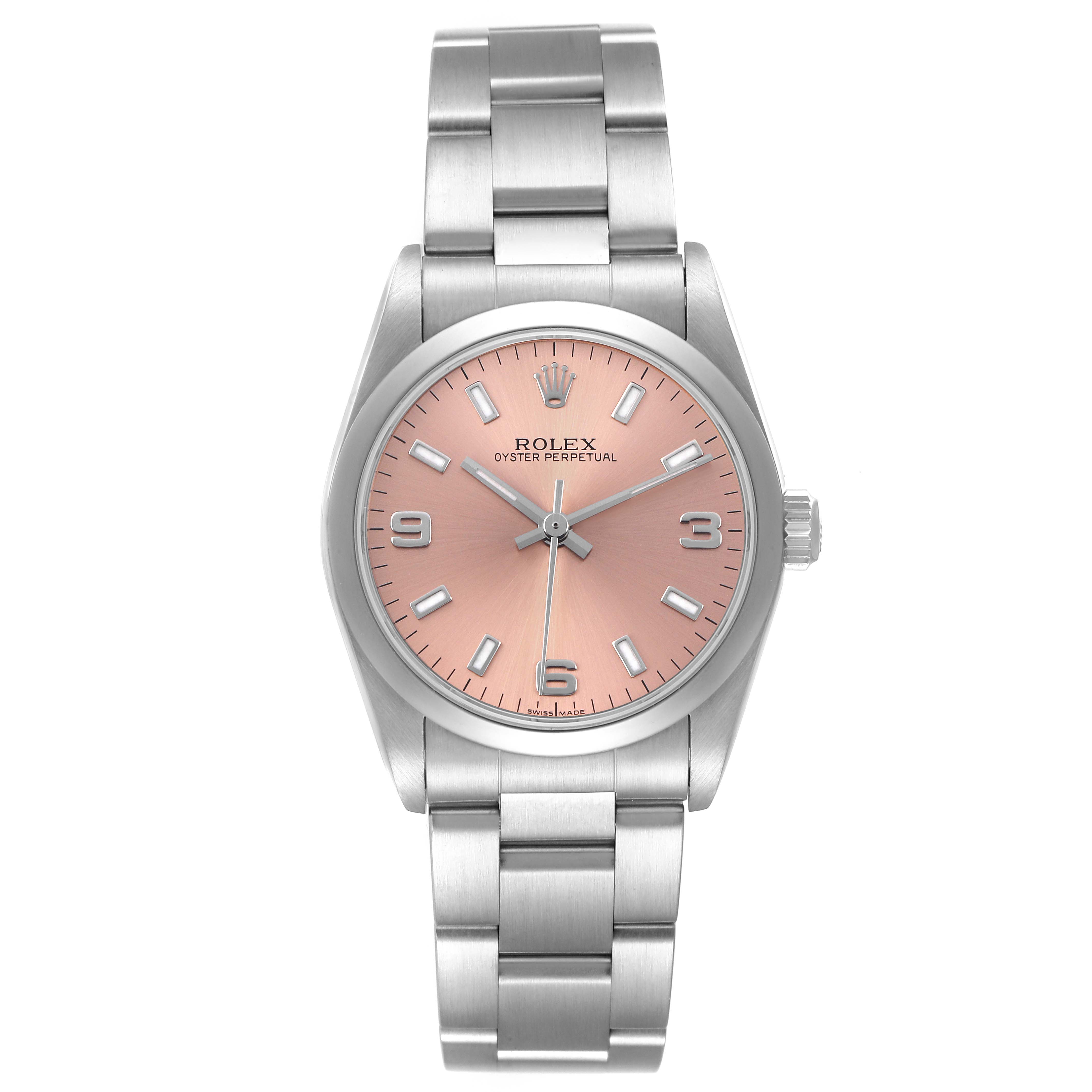 The Rolex Oyster Perpetual 77080 Women's Stainless Steel Pink Dial watch is shown from a top-down angle, displaying its face and bracelet.