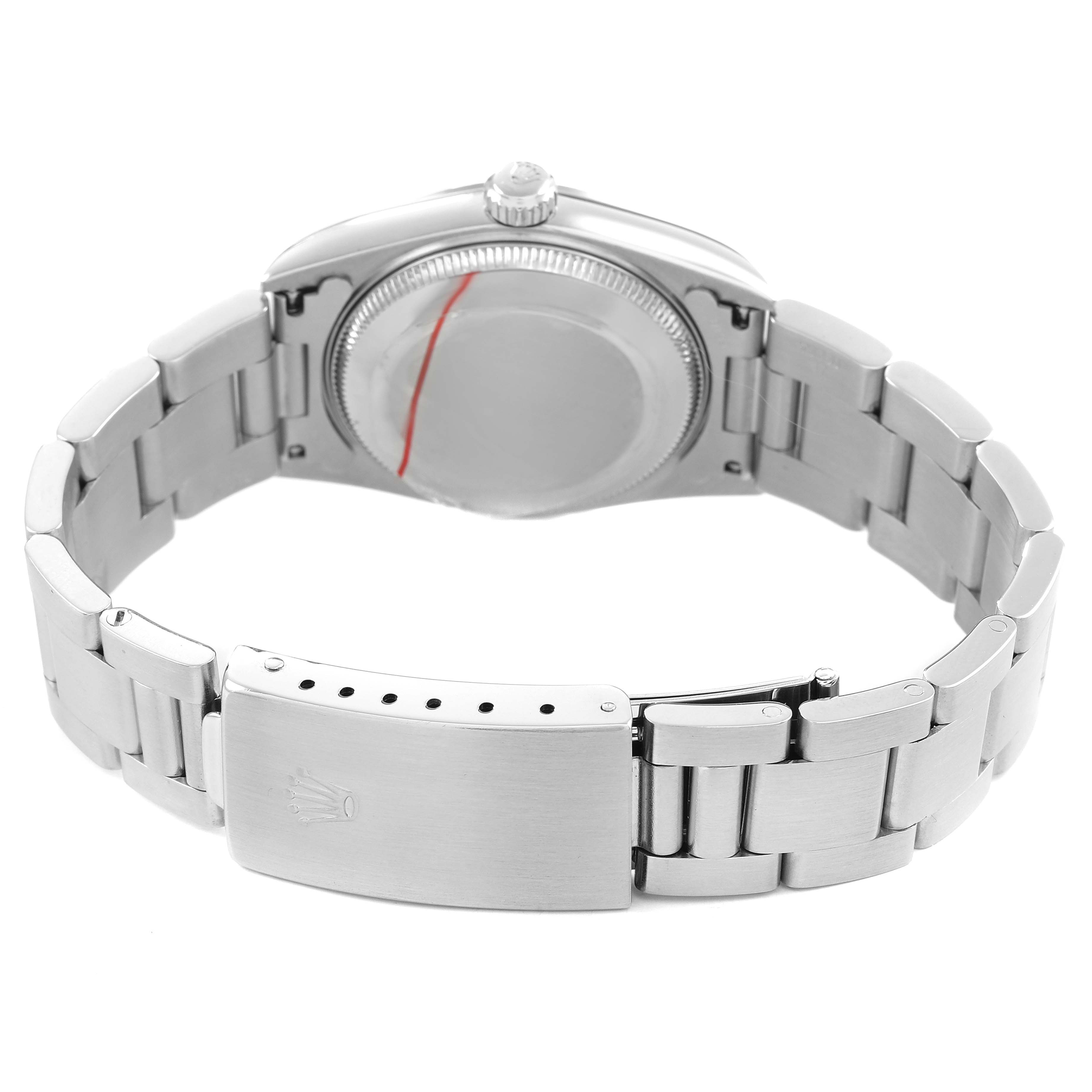 The image shows the back and bracelet of a Rolex Oyster Perpetual 77080 Women's Stainless Steel Pink Dial watch from a rear angle, highlighting the clasp and case back.