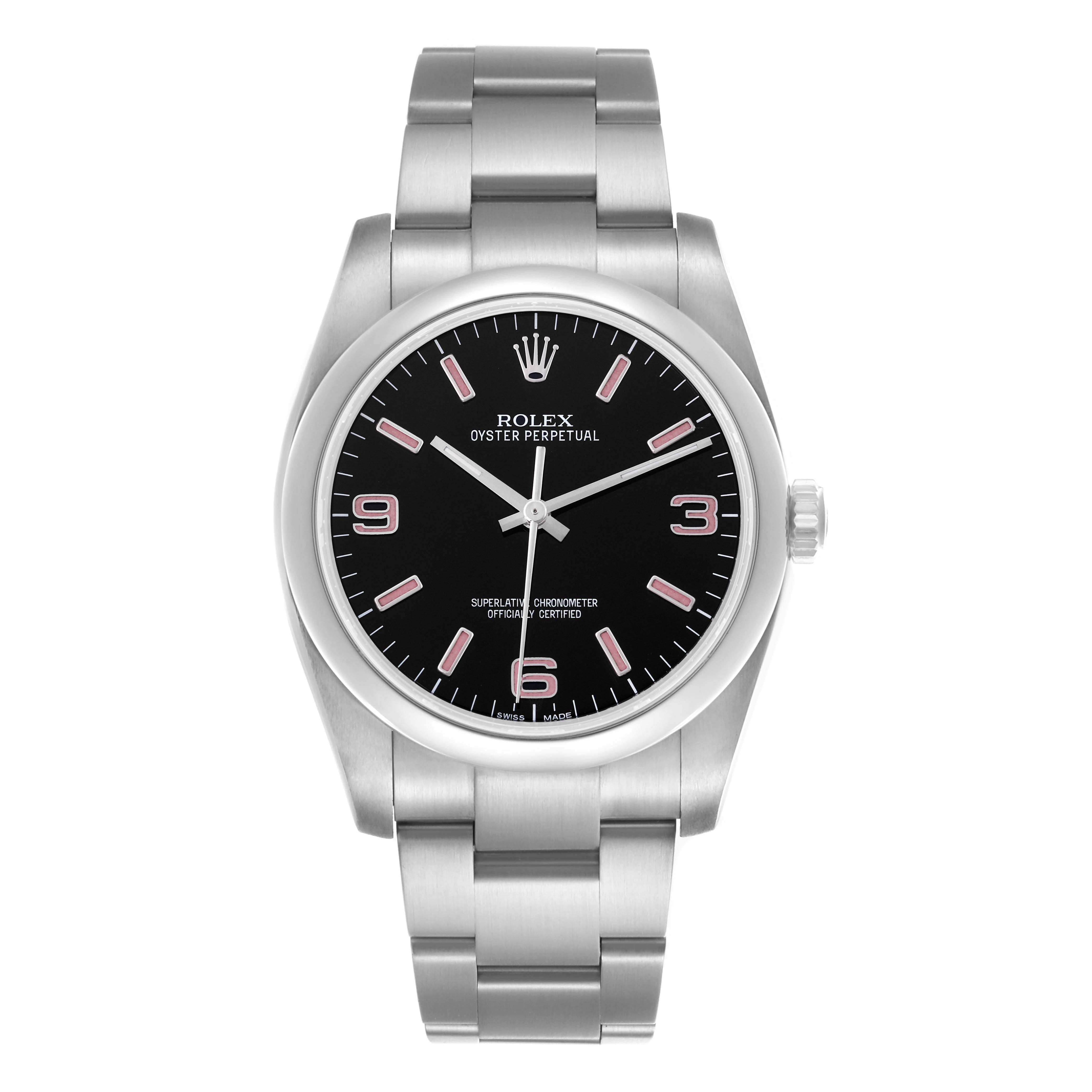 The Rolex Oyster Perpetual 116000 Men
s Stainless Steel Black Dial 116000 Men
s Stainless Steel Black Dial watch is shown from a straight-on angle, displaying the full face, bezel, and bracelet.