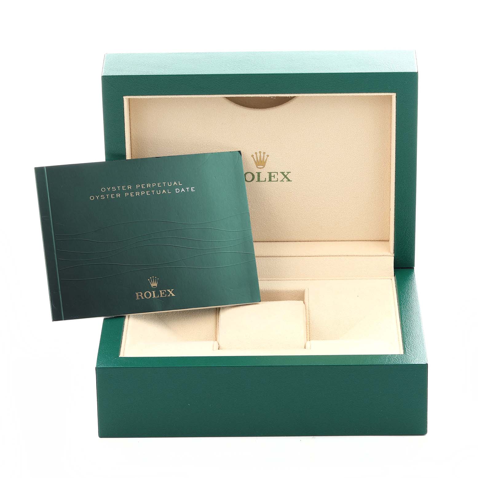 The image shows the packaging and booklet of a Rolex Oyster Perpetual 116000 Men
s Stainless Steel Black Dial 116000 Men
s Stainless Steel Black Dial watch from a front angle.