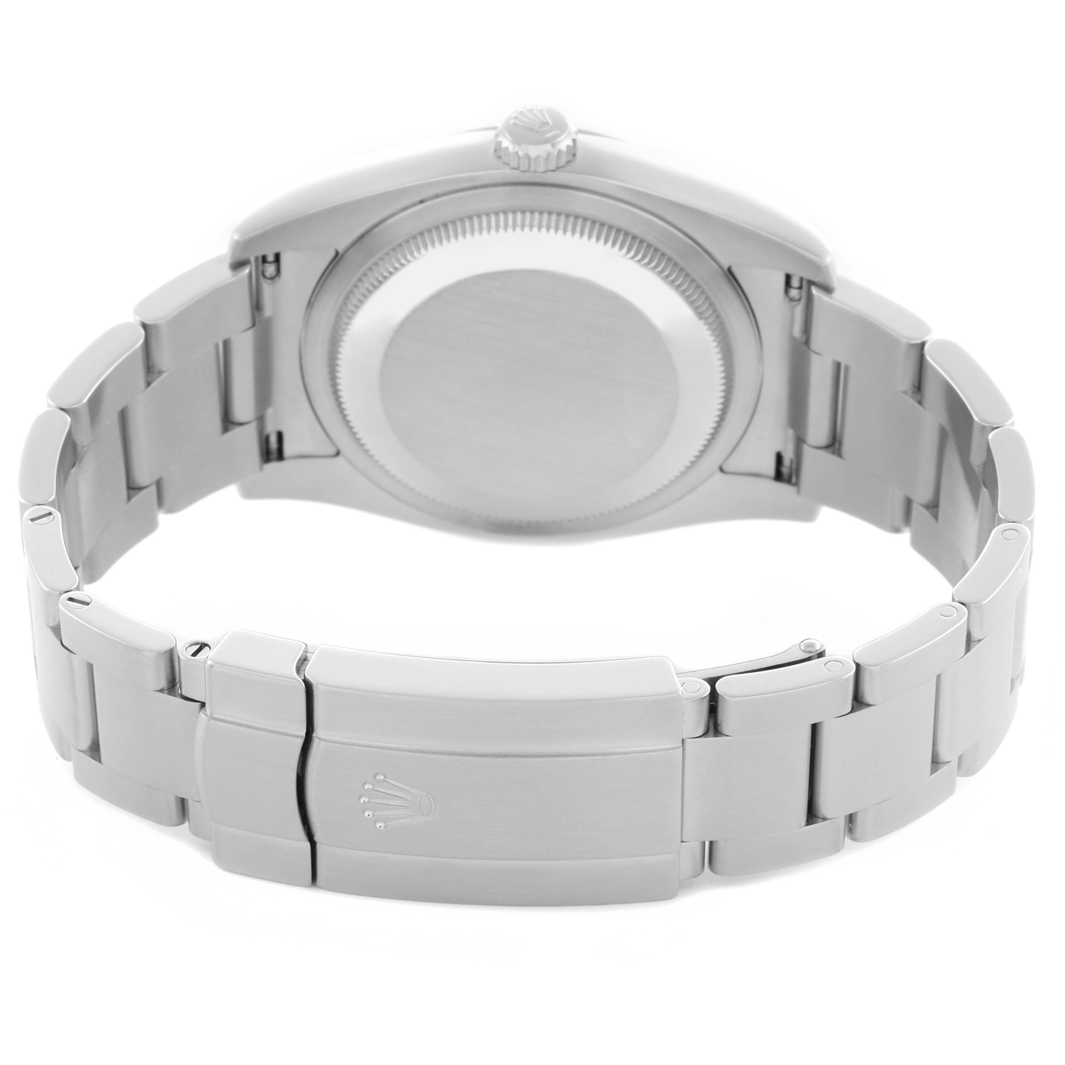 The Rolex Oyster Perpetual 116000 Men
s Stainless Steel Black Dial 116000 Men
s Stainless Steel Black Dial is shown from the back, focusing on the clasp, bracelet, and caseback.