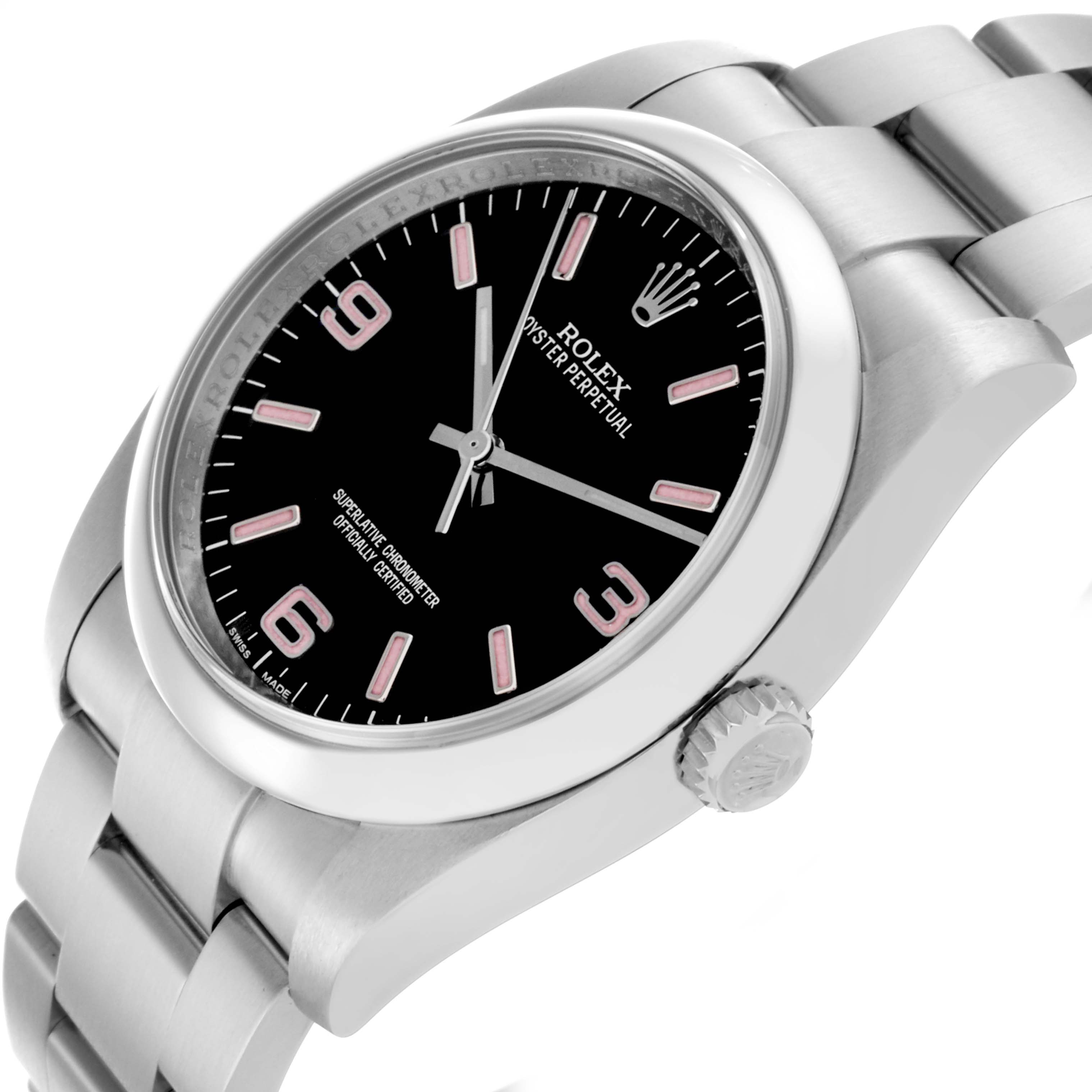 The Rolex Oyster Perpetual 116000 Men
s Stainless Steel Black Dial 116000 Men
s Stainless Steel Black Dial watch is shown at a slight angle, highlighting the black dial, crown, and stainless steel bracelet.