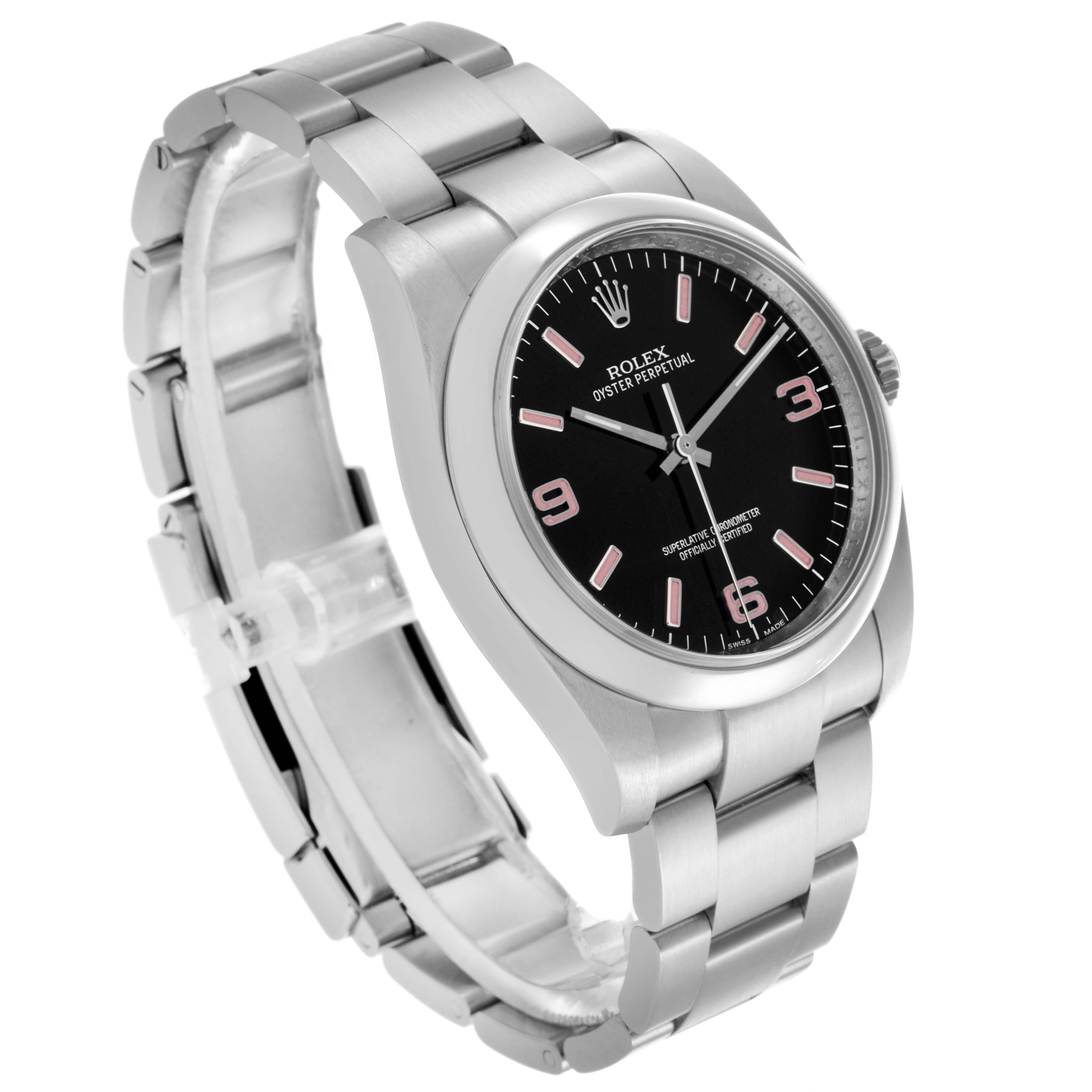 The Rolex Oyster Perpetual 116000 Men
s Stainless Steel Black Dial 116000 Men
s Stainless Steel Black Dial watch is shown at a three-quarter angle, displaying the face, bezel, crown, and bracelet.