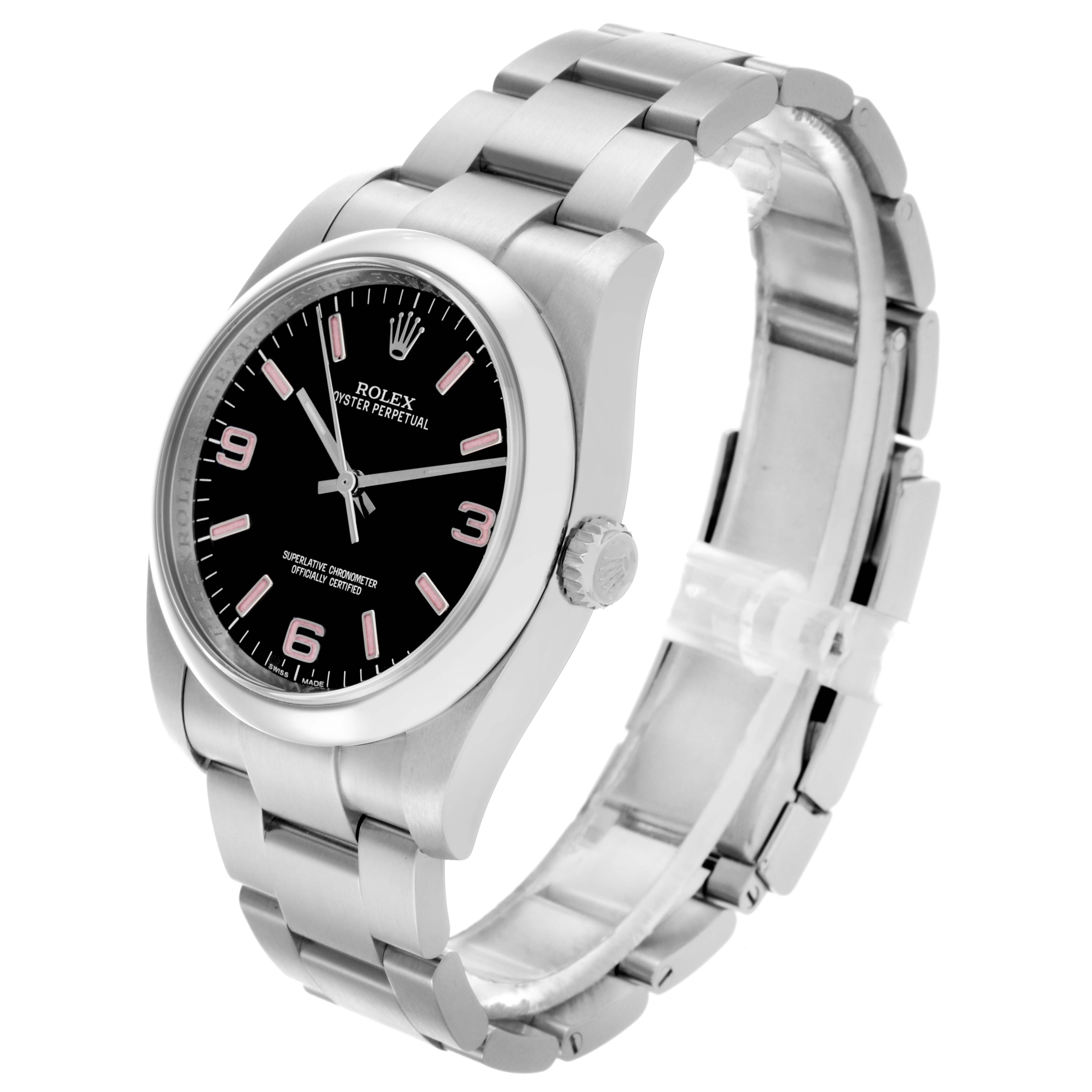 The Rolex Oyster Perpetual 116000 Men
s Stainless Steel Black Dial 116000 Men
s Stainless Steel Black Dial watch is shown at a three-quarter angle, highlighting the black dial, silver case, and bracelet.