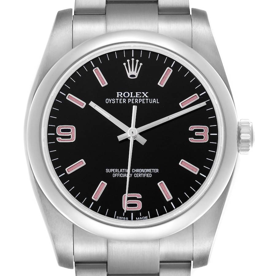 The Rolex Oyster Perpetual watch is shown from a front angle, highlighting the dial, bezel, and part of the bracelet.