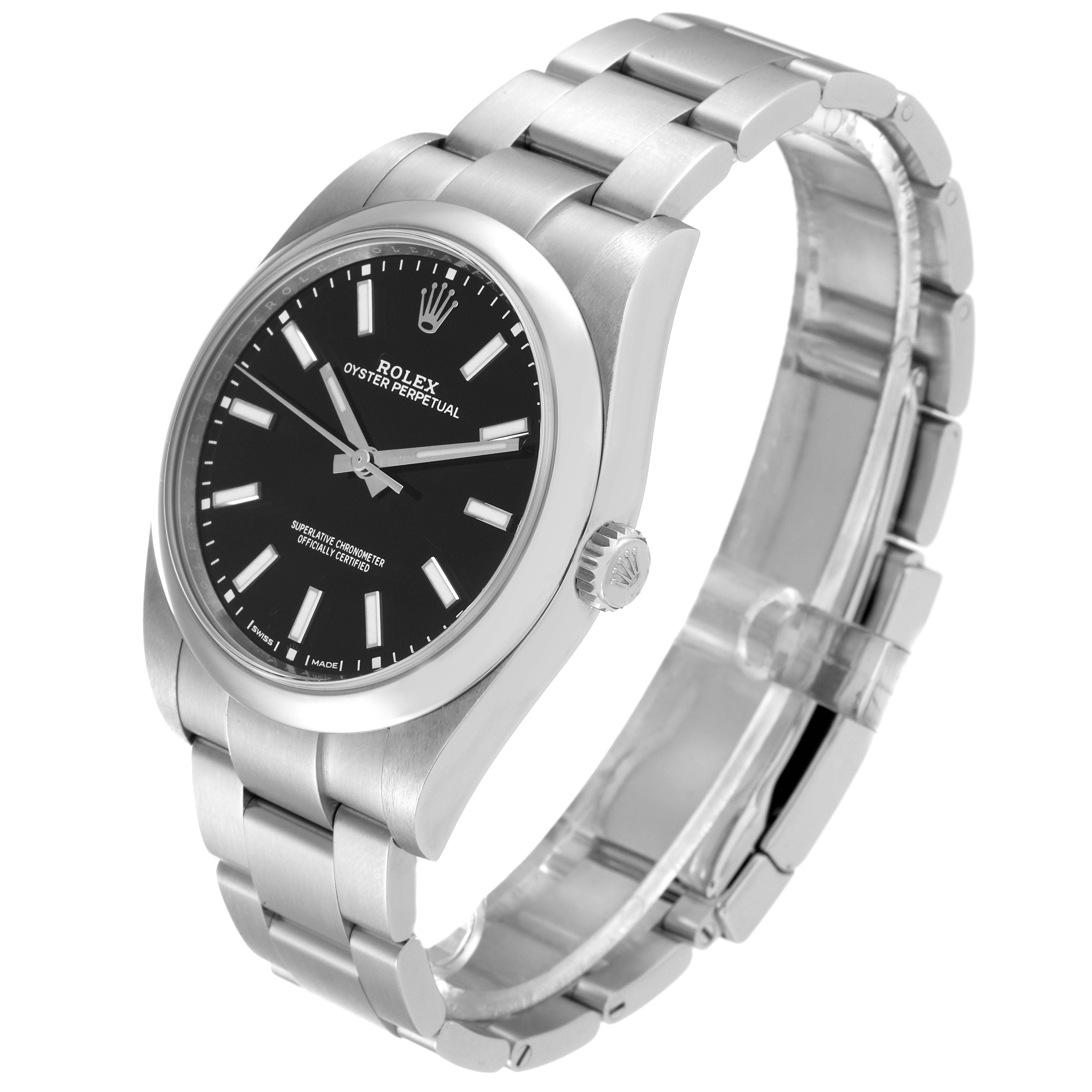 The image shows a Rolex Oyster Perpetual 114300 Men
s Stainless Steel Black Dial 114300 Men
s Stainless Steel Black Dial watch at an angled view, detailing the bracelet, case, and black dial.