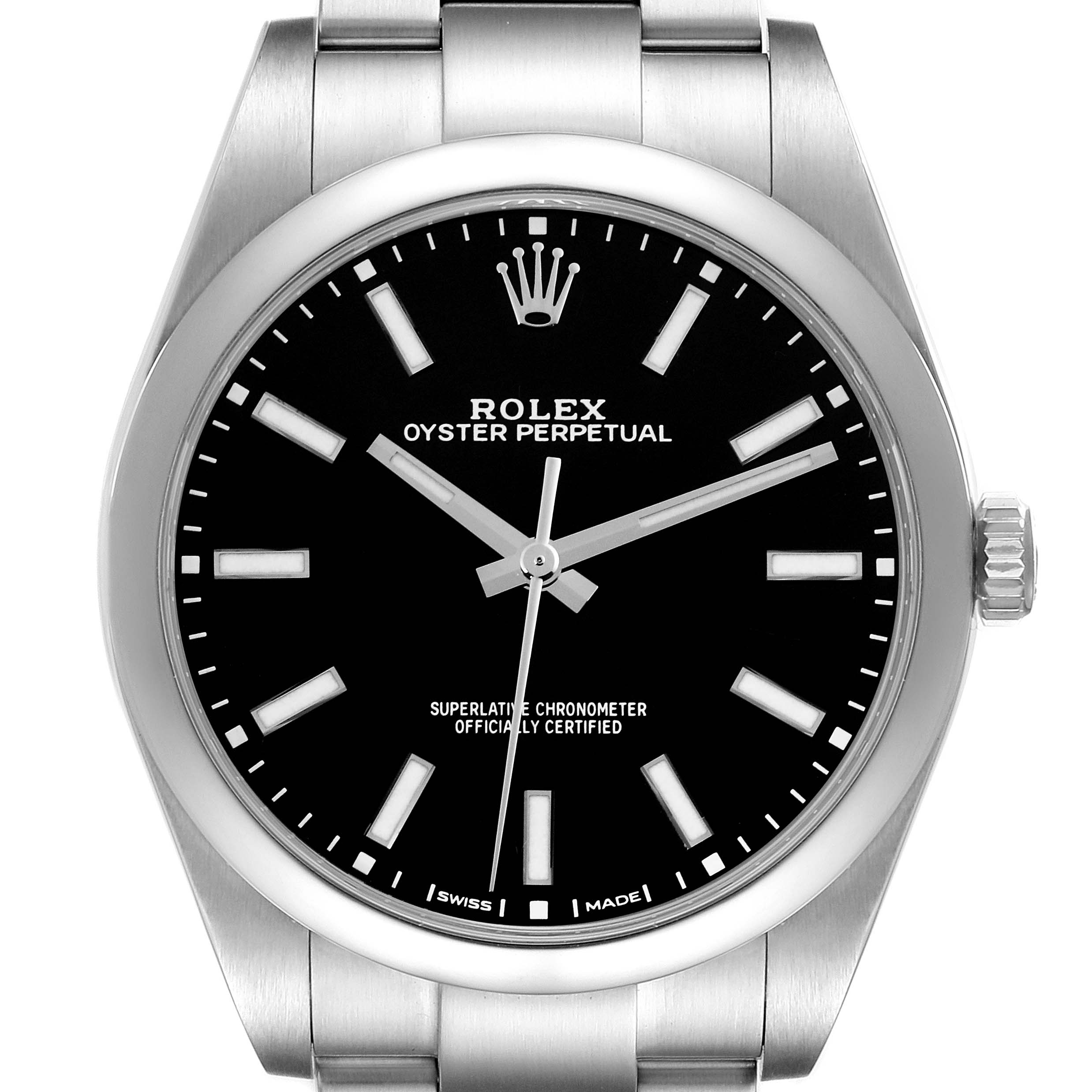 The image shows a front view of the Rolex Oyster Perpetual 114300 Men
s Stainless Steel Black Dial 114300 Men
s Stainless Steel Black Dial watch highlighting its black dial, silver hour markers, and stainless steel case and bracelet.