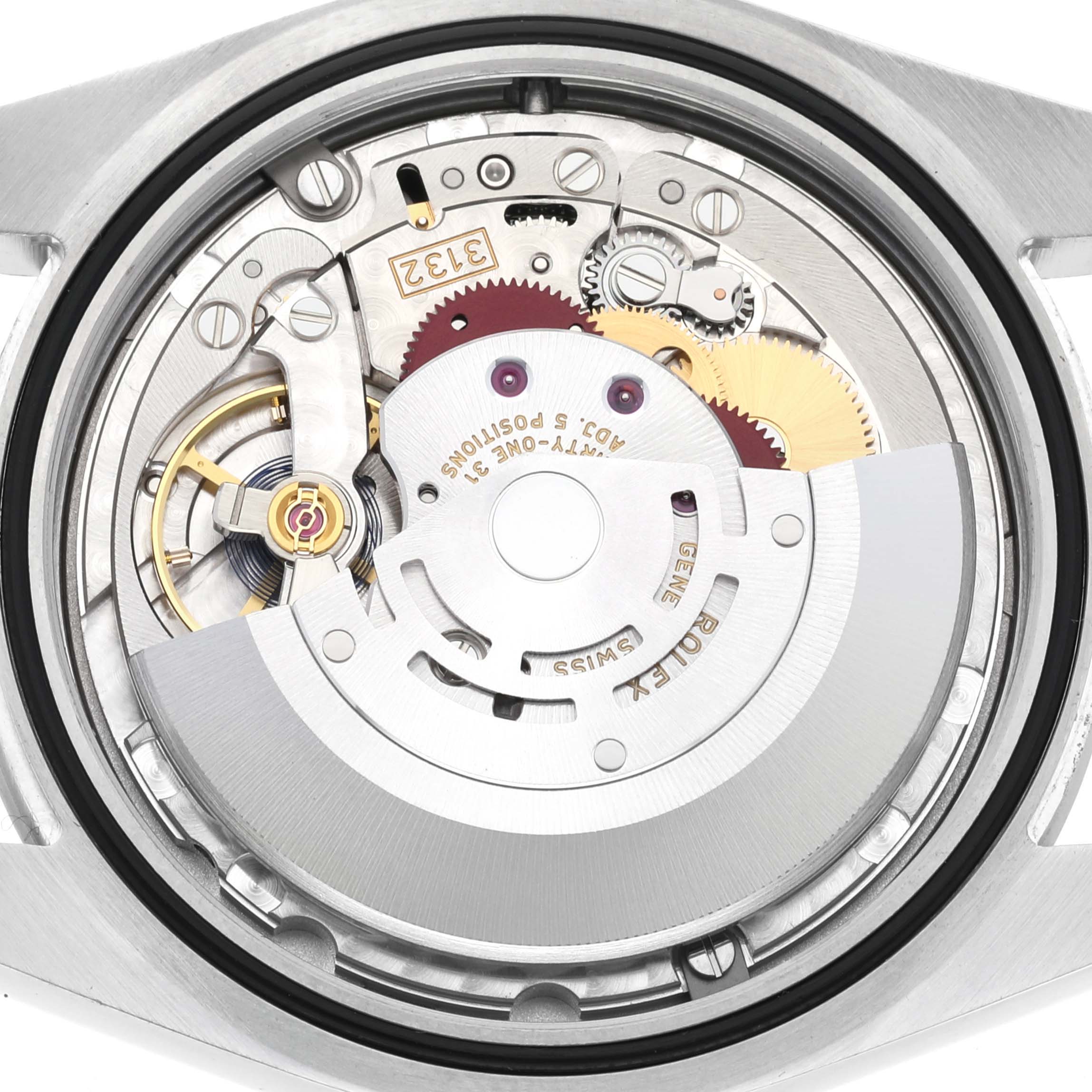 This is a close-up view of the internal mechanism of a Rolex Oyster Perpetual 114300 Men
s Stainless Steel Black Dial 114300 Men
s Stainless Steel Black Dial watch, showing gears and the rotor.