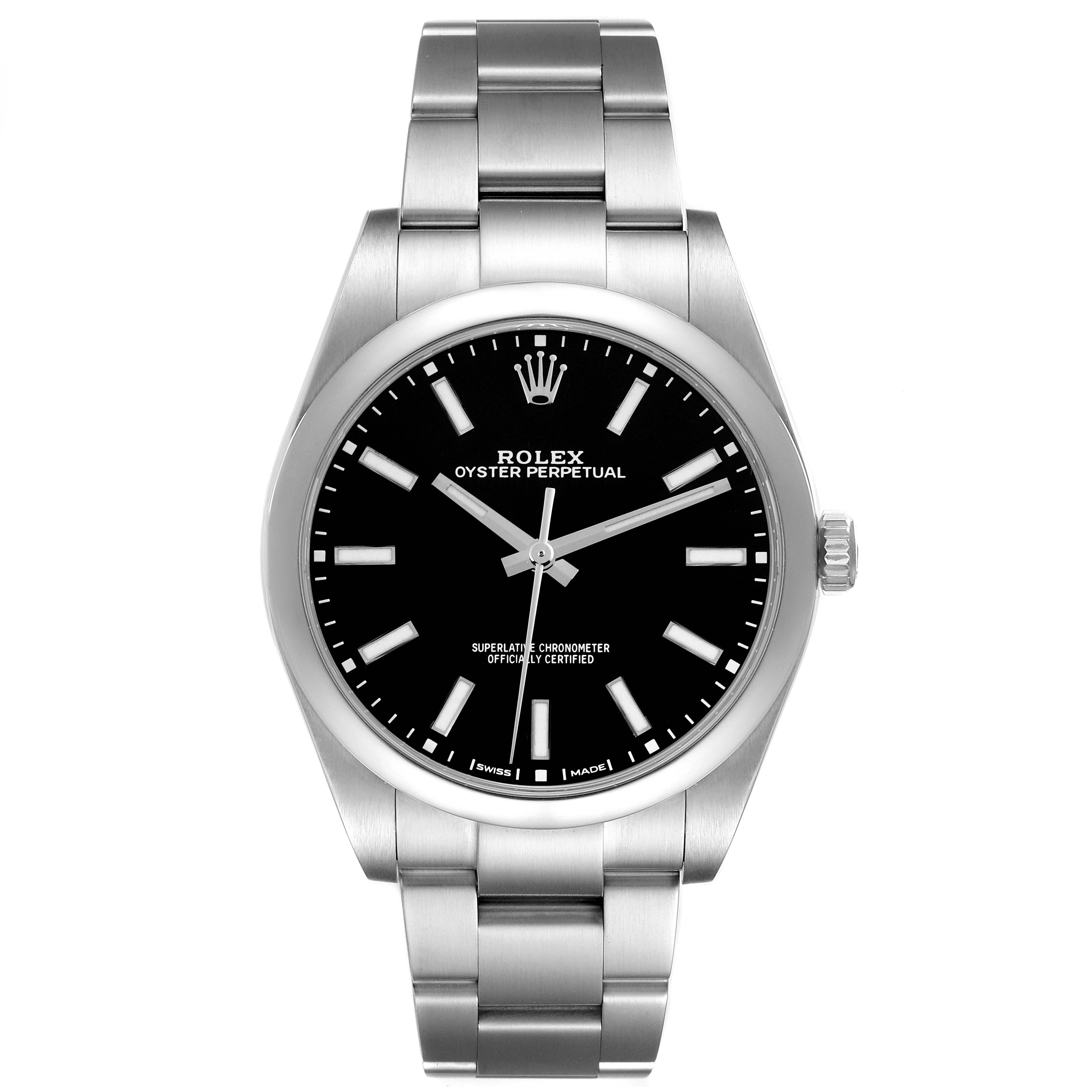 The image shows a front view of a Rolex Oyster Perpetual 114300 Men
s Stainless Steel Black Dial 114300 Men
s Stainless Steel Black Dial watch, displaying its face, bracelet, and crown.