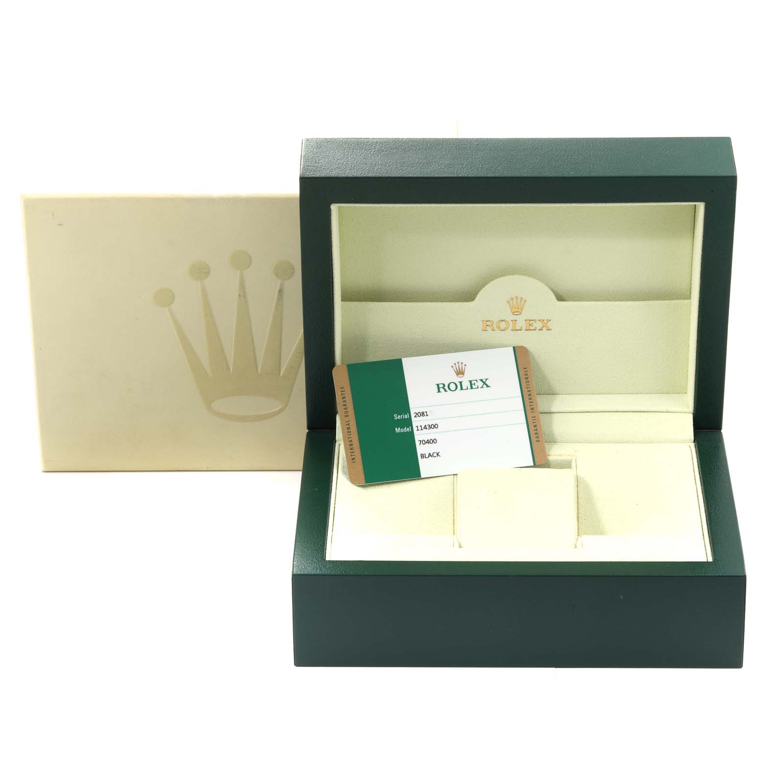The image shows the box and Best Quality
ity card of a Rolex Oyster Perpetual 114300 Men
s Stainless Steel Black Dial 114300 Men
s Stainless Steel Black Dial watch.