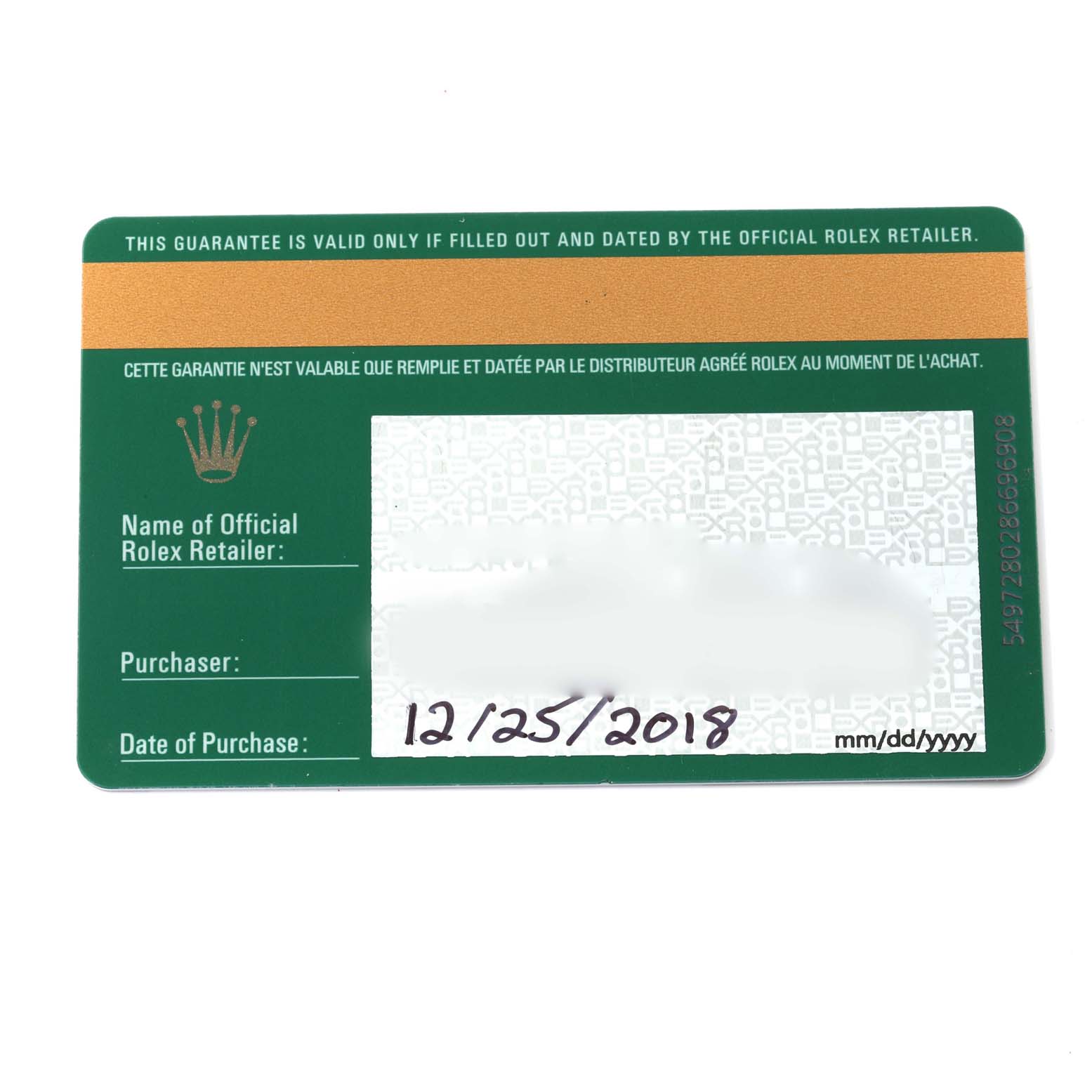 The image shows the guarantee card for a Rolex Oyster Perpetual 114300 Men
s Stainless Steel Black Dial 114300 Men
s Stainless Steel Black Dial watch, including purchase details and retailer information.