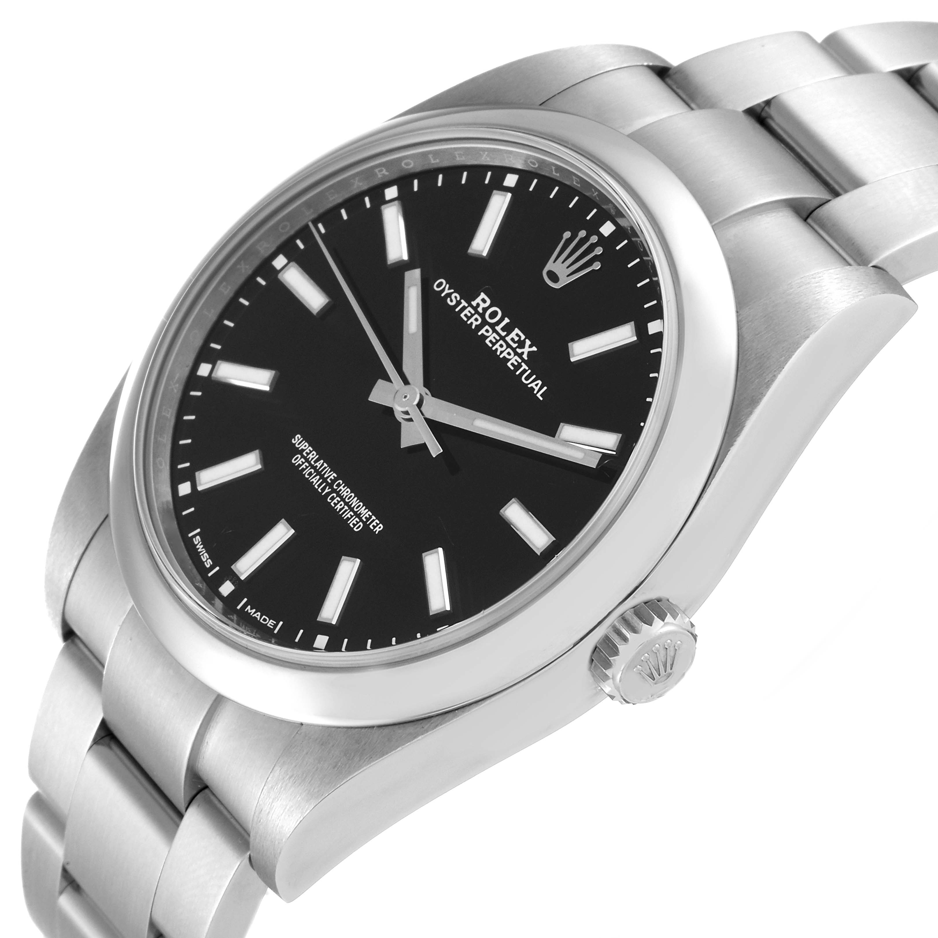 The Rolex Oyster Perpetual 114300 Men
s Stainless Steel Black Dial 114300 Men
s Stainless Steel Black Dial watch is shown at an angled view, highlighting the black dial, case, crown, and bracelet.