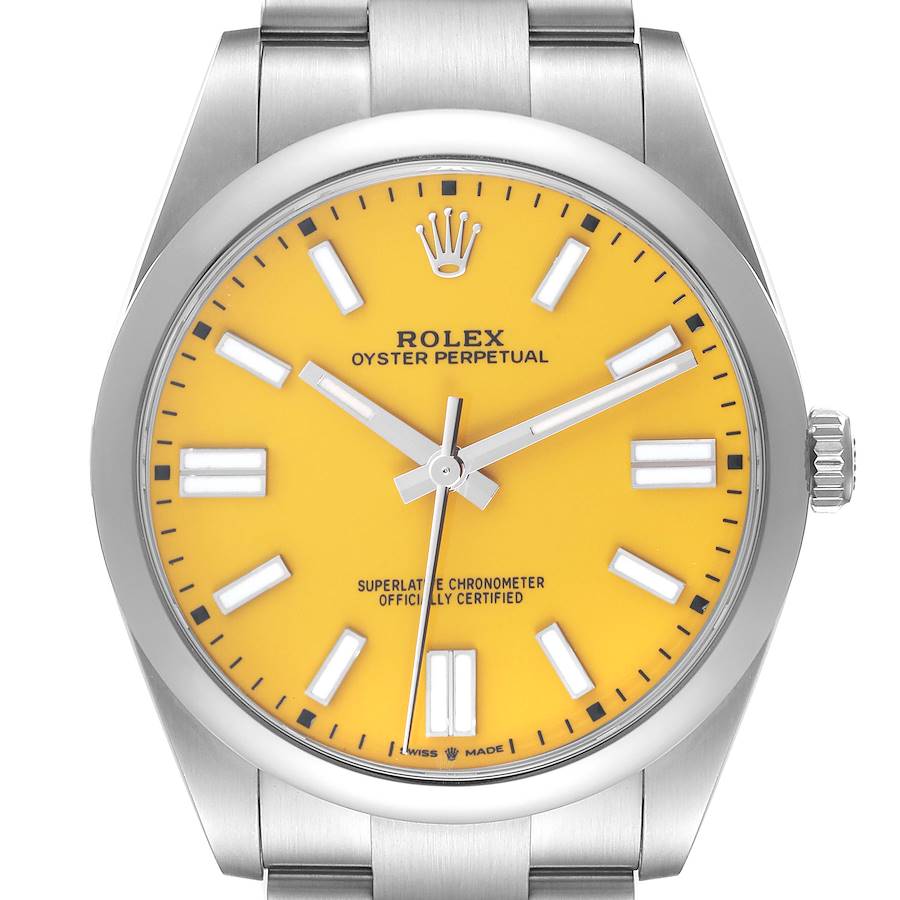 The Rolex Oyster Perpetual watch is shown from the front, featuring its dial, markers, and part of the bracelet.