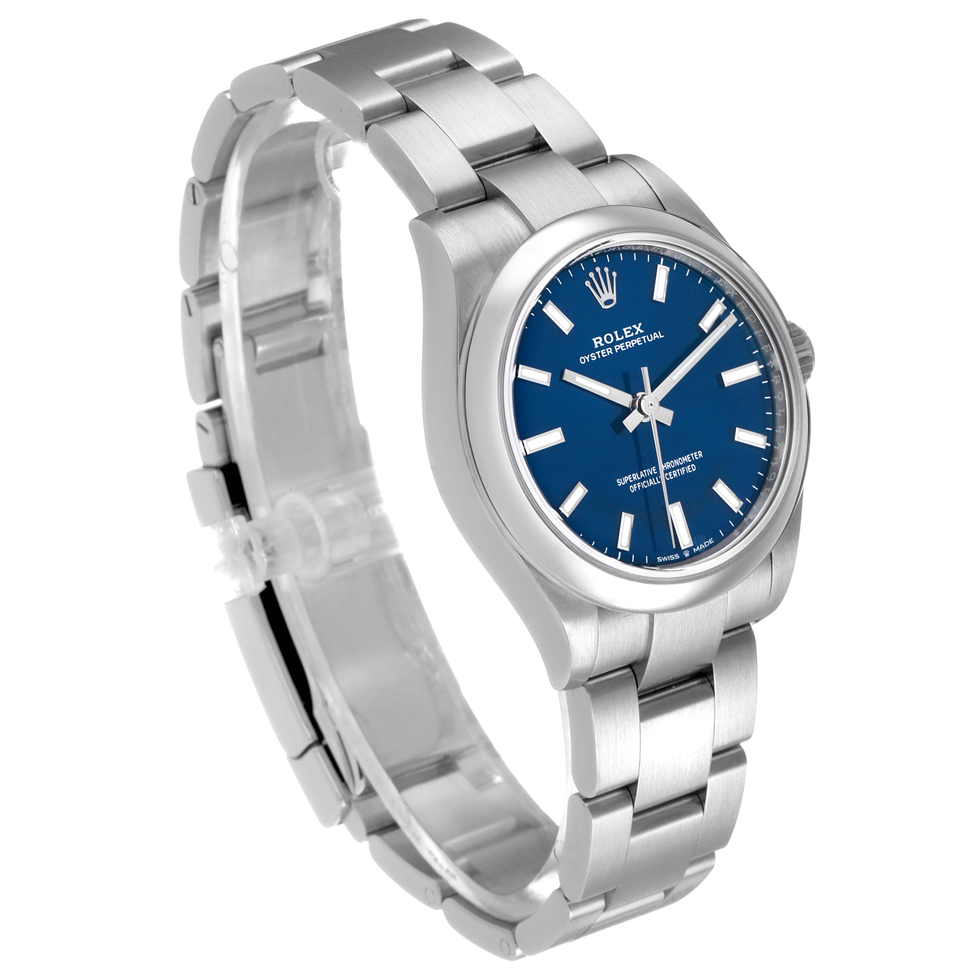 The Rolex Oyster Perpetual 277200 Women's Stainless Steel Blue Dial watch is shown at a three-quarter angle, highlighting its side profile, bracelet, and blue dial.