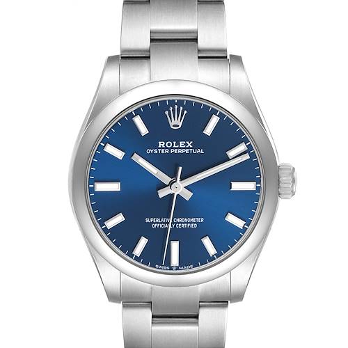 The Rolex Oyster Perpetual 277200 Women's Stainless Steel Blue Dial watch is shown from a front angle, displaying its blue dial and stainless steel bracelet.
