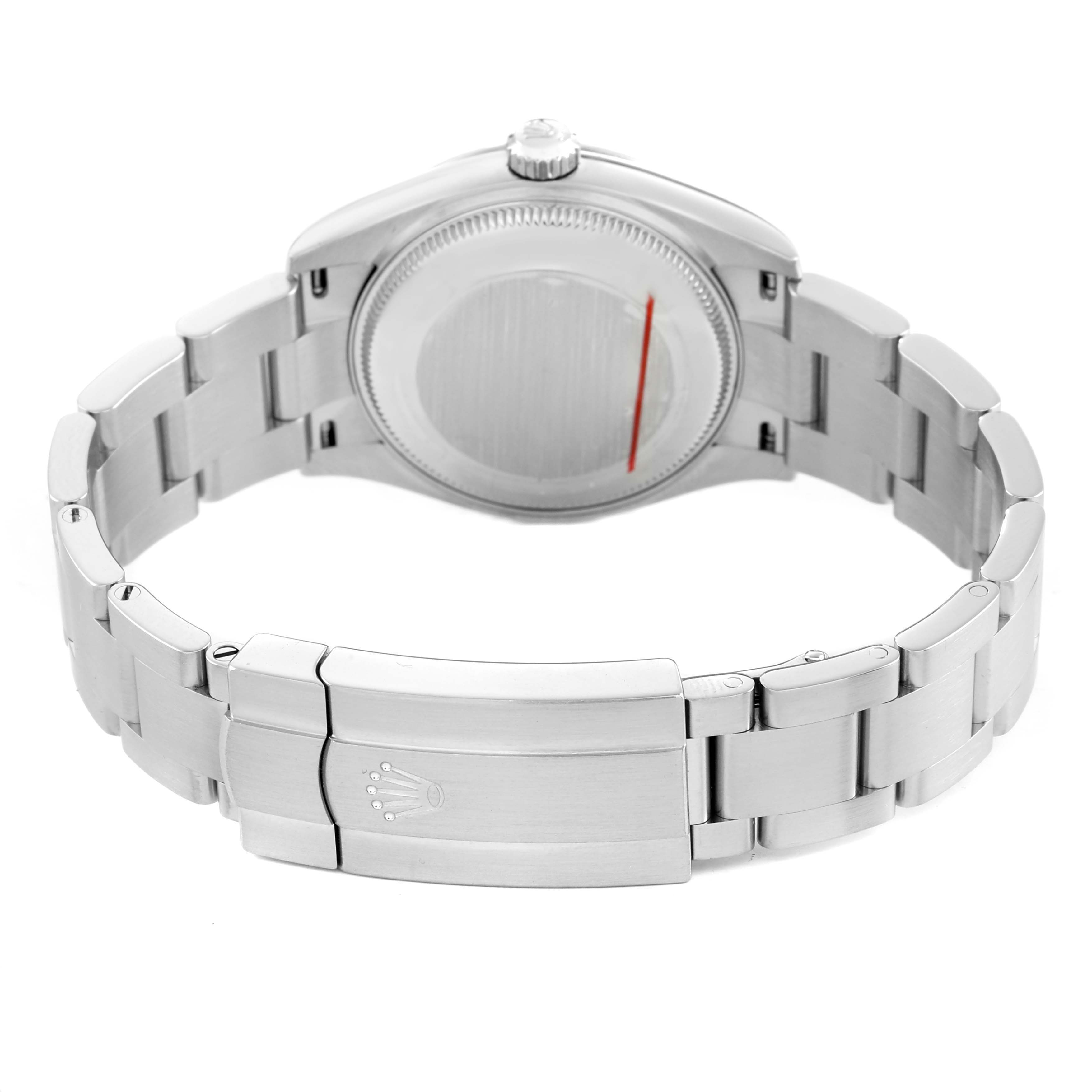 The image shows the back view of a Rolex Oyster Perpetual 277200 Women's Stainless Steel Blue Dial, highlighting its bracelet and clasp.