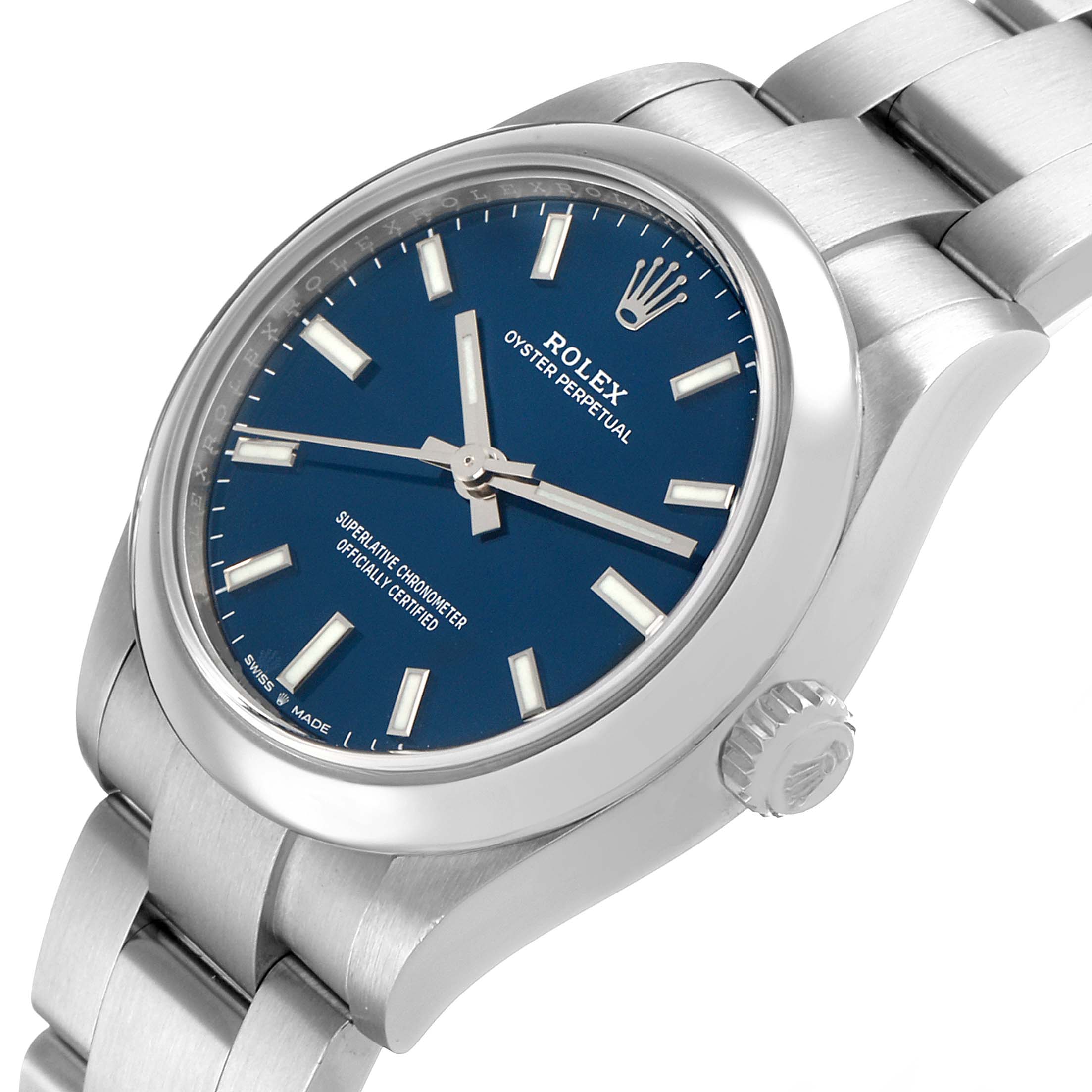 The Rolex Oyster Perpetual 277200 Women's Stainless Steel Blue Dial watch is shown at an angled side view displaying the dial, bezel, crown, and part of the bracelet.