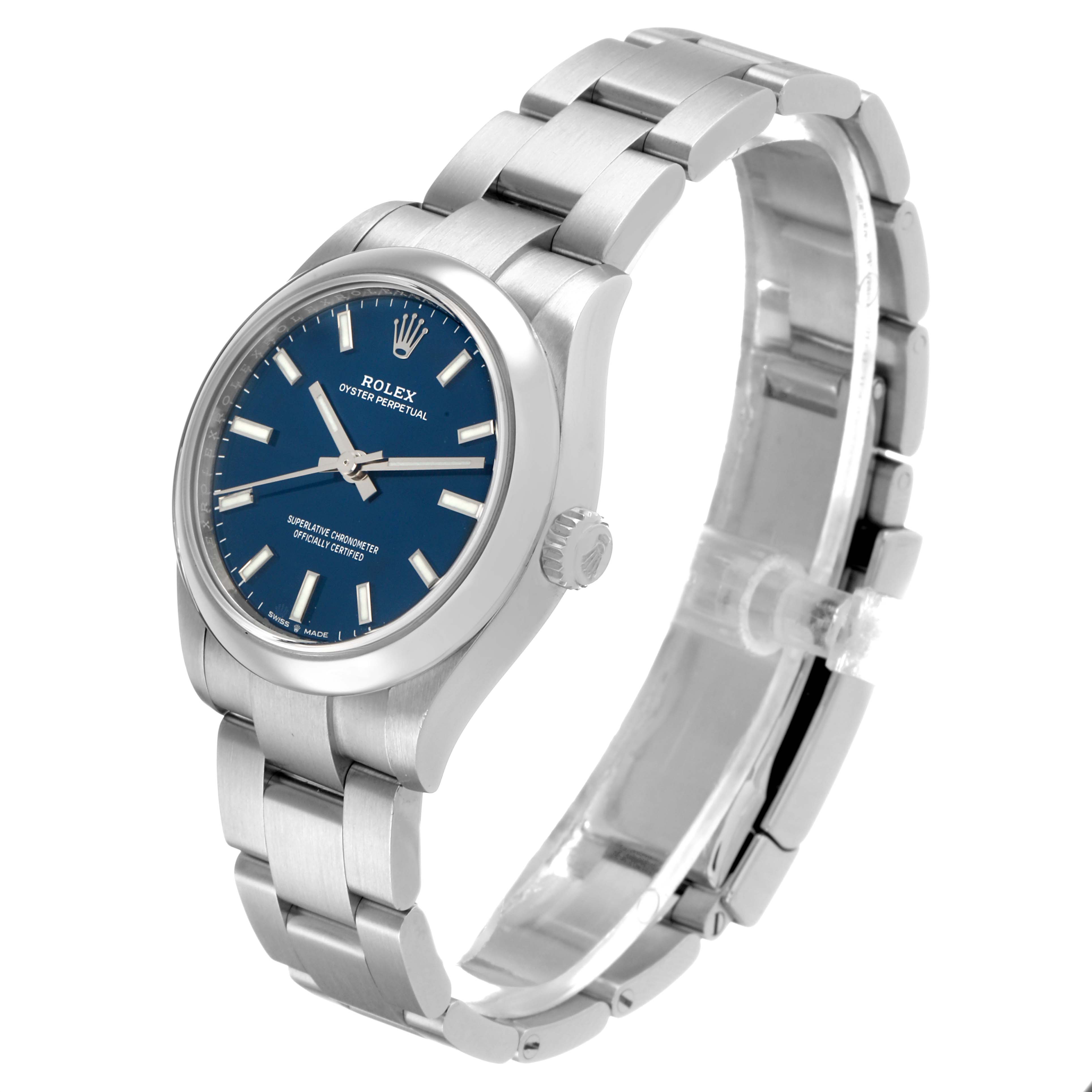 The Rolex Oyster Perpetual 277200 Women's Stainless Steel Blue Dial watch is shown at an angled side view, displaying the blue dial, hands, crown, and bracelet.