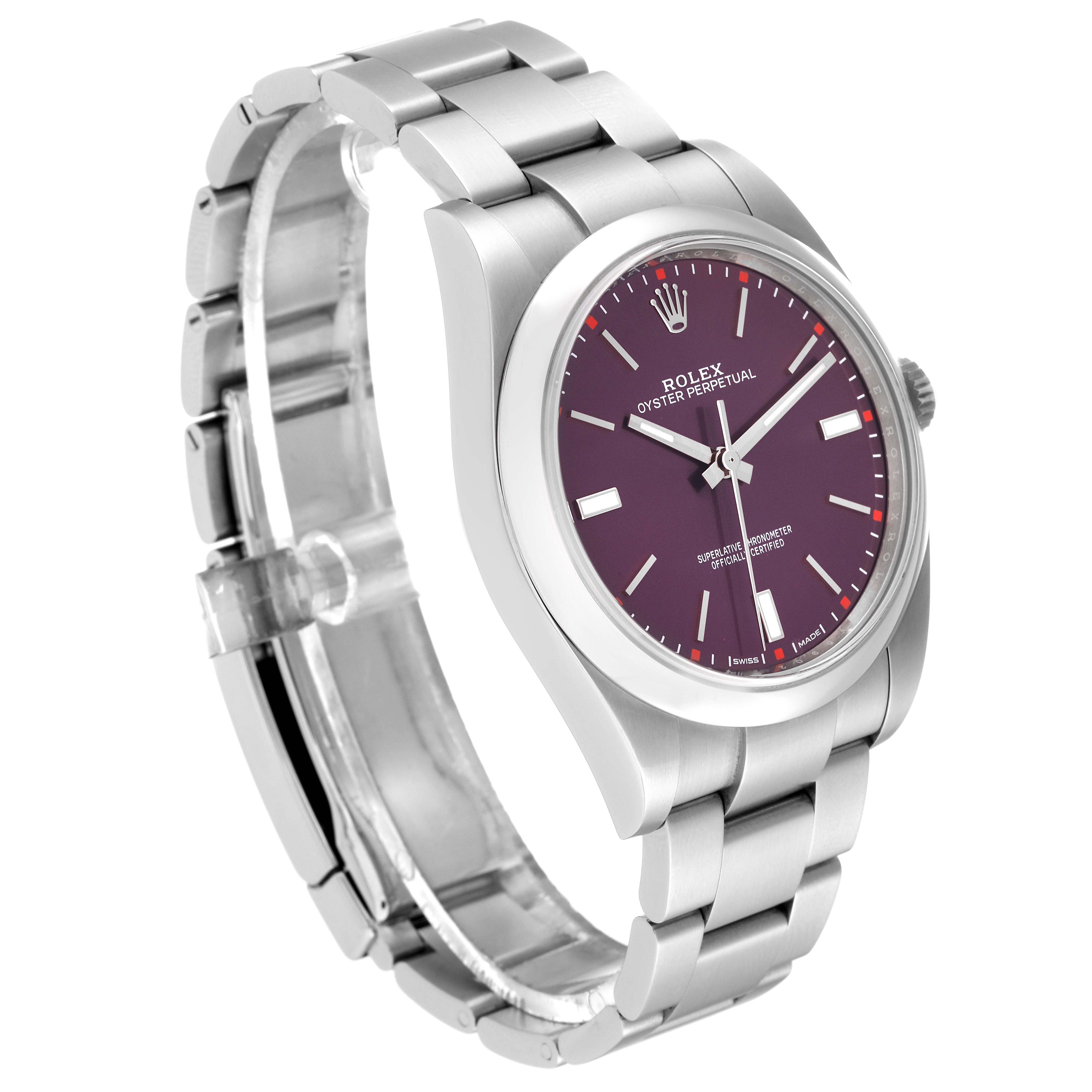 The image shows an angled view of a Rolex Oyster Perpetual 114300 Men
s Stainless Steel Purple Dial 114300 Men
s Stainless Steel Purple Dial watch, displaying the dial, case, bracelet, and partly open clasp.