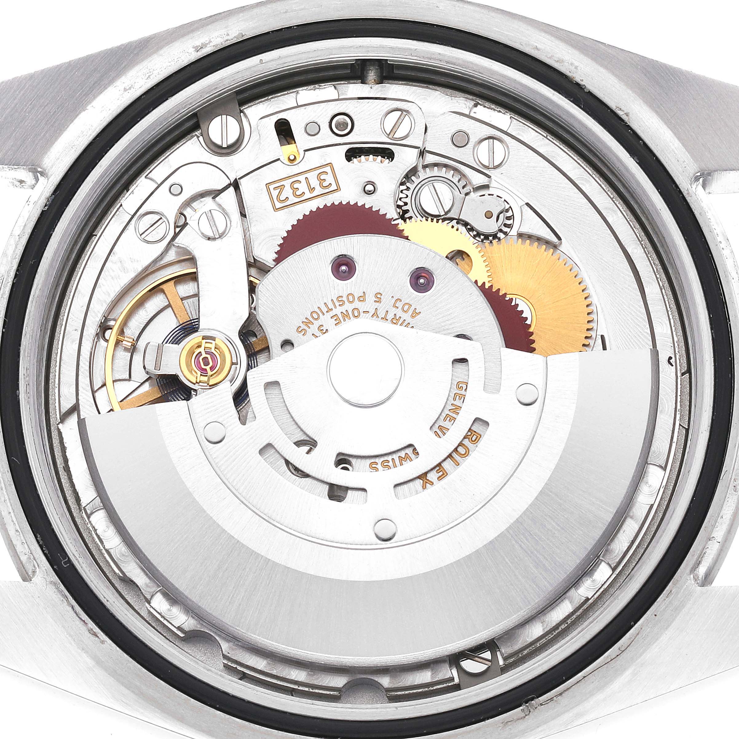 This image shows the internal mechanism and movement of a Rolex Oyster Perpetual 114300 Men
s Stainless Steel Purple Dial 114300 Men
s Stainless Steel Purple Dial watch, viewed from the back with the case removed.