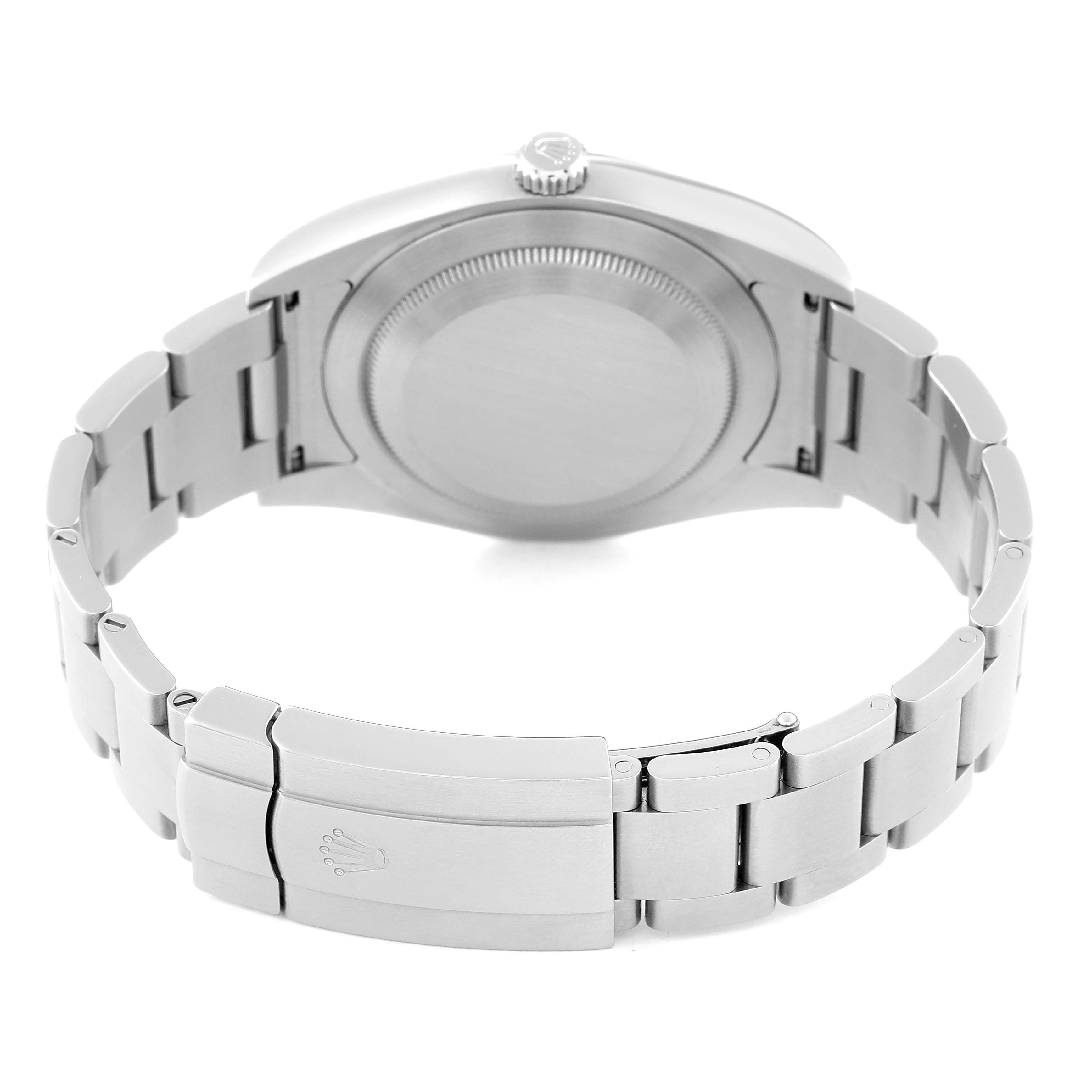 This image shows the case back and bracelet clasp of the Rolex Oyster Perpetual 114300 Men
s Stainless Steel Purple Dial 114300 Men
s Stainless Steel Purple Dial, viewed from the rear.