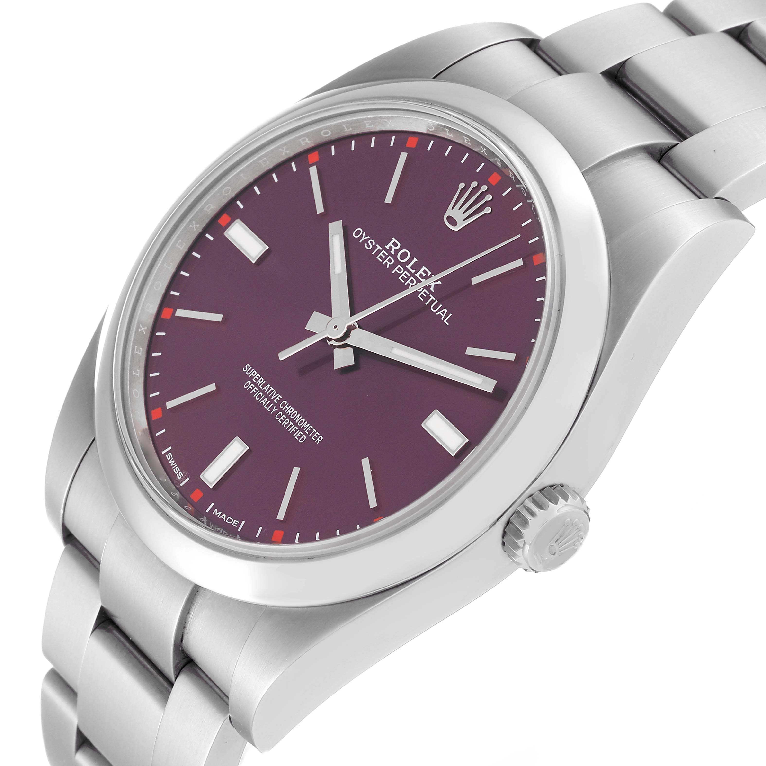 The image shows a side-angle view of a Rolex Oyster Perpetual 114300 Men
s Stainless Steel Purple Dial 114300 Men
s Stainless Steel Purple Dial watch, highlighting the dial, crown, and part of the bracelet.