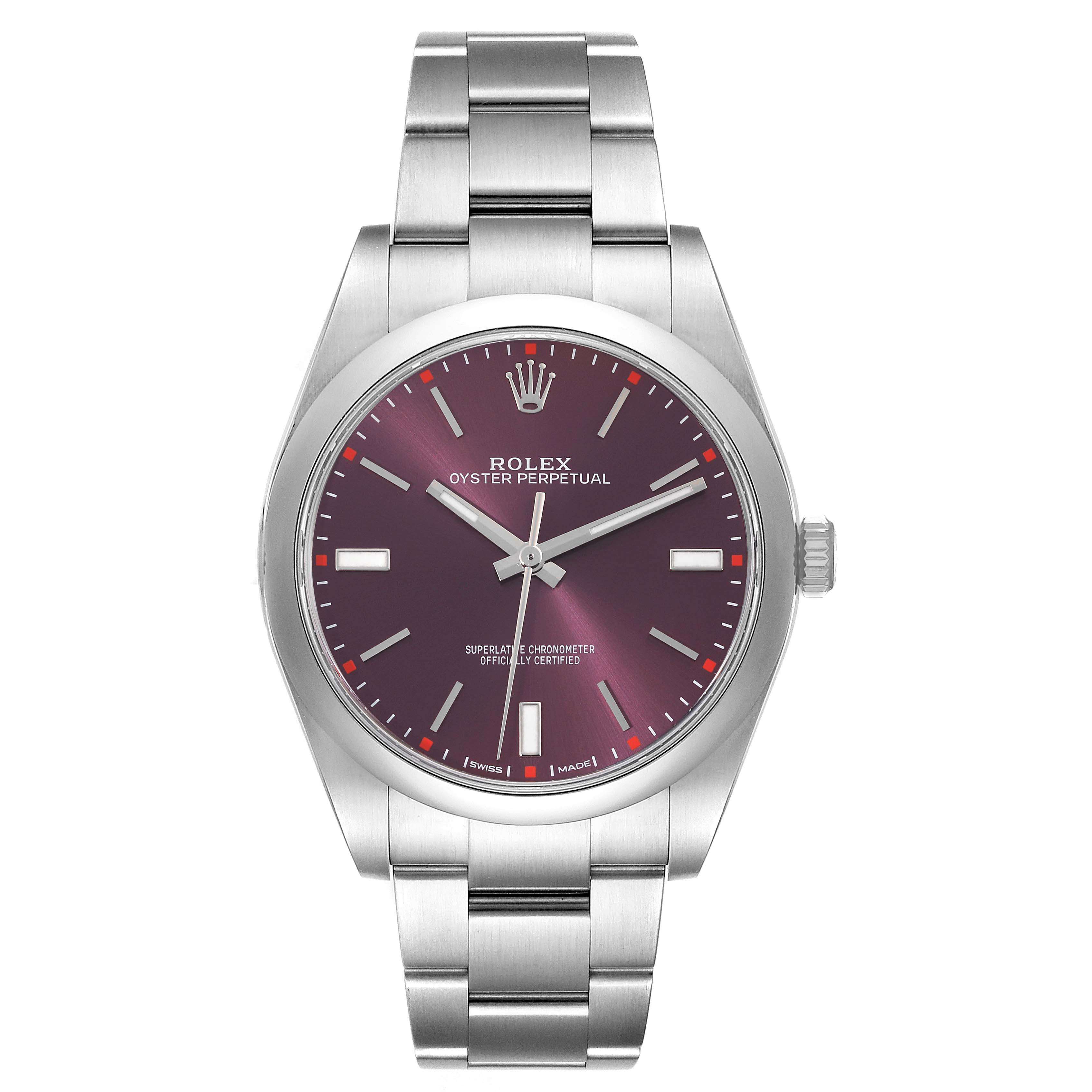 This image shows a front view of the Rolex Oyster Perpetual 114300 Men
s Stainless Steel Purple Dial 114300 Men
s Stainless Steel Purple Dial watch with a stainless steel bracelet and a red dial.
