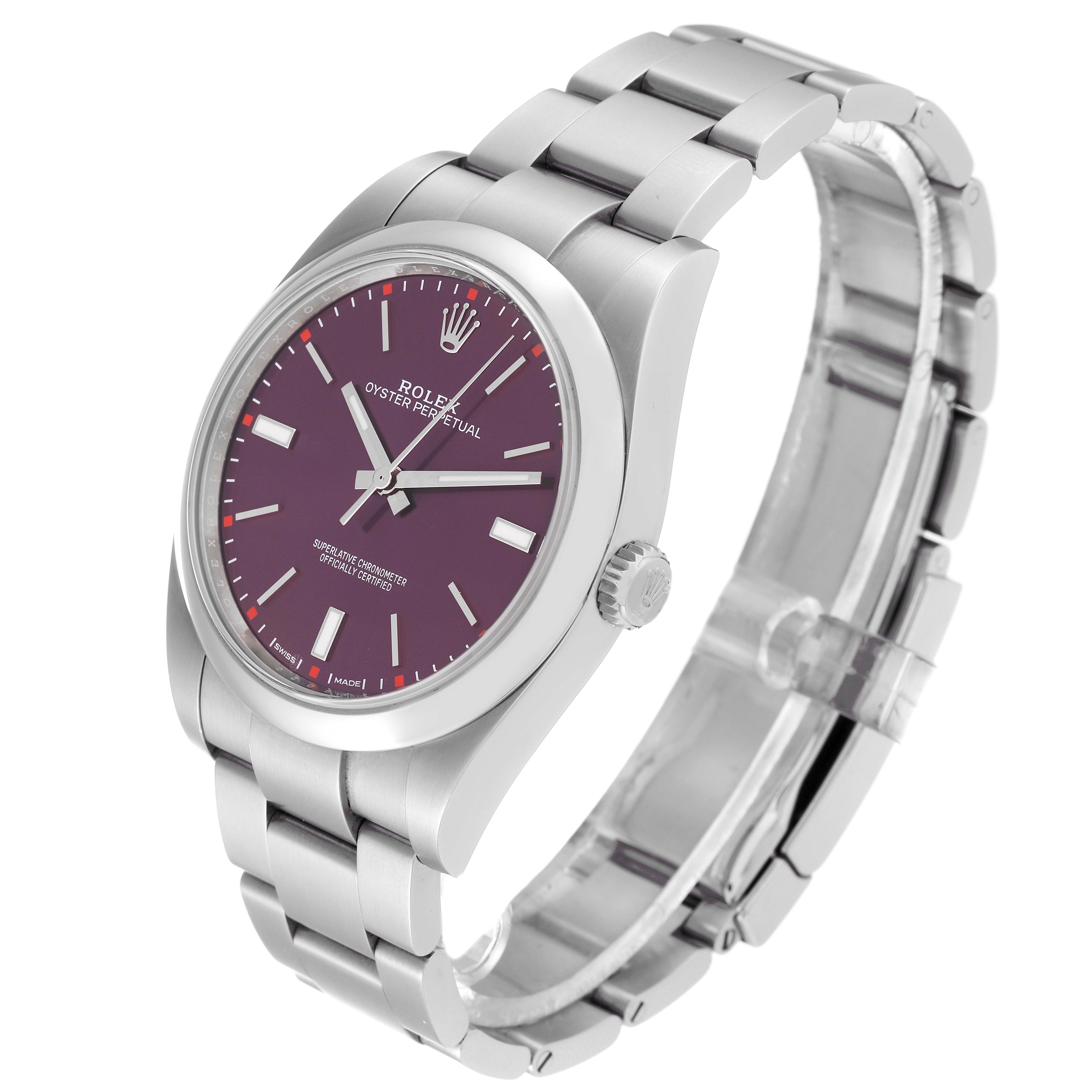 The image shows a Rolex Oyster Perpetual 114300 Men
s Stainless Steel Purple Dial 114300 Men
s Stainless Steel Purple Dial watch, displaying the bezel, crown, dial, bracelet, and links at a slightly tilted angle.