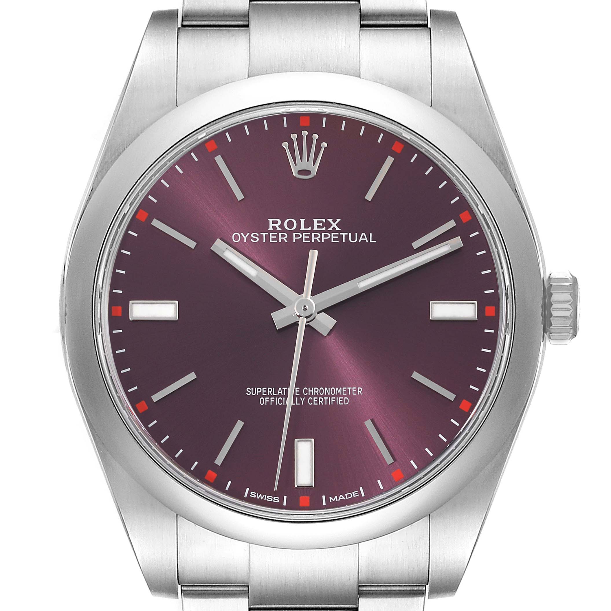 The image shows the front view of a Rolex Oyster Perpetual 114300 Men
s Stainless Steel Purple Dial 114300 Men
s Stainless Steel Purple Dial watch, featuring a red dial and stainless steel bracelet.