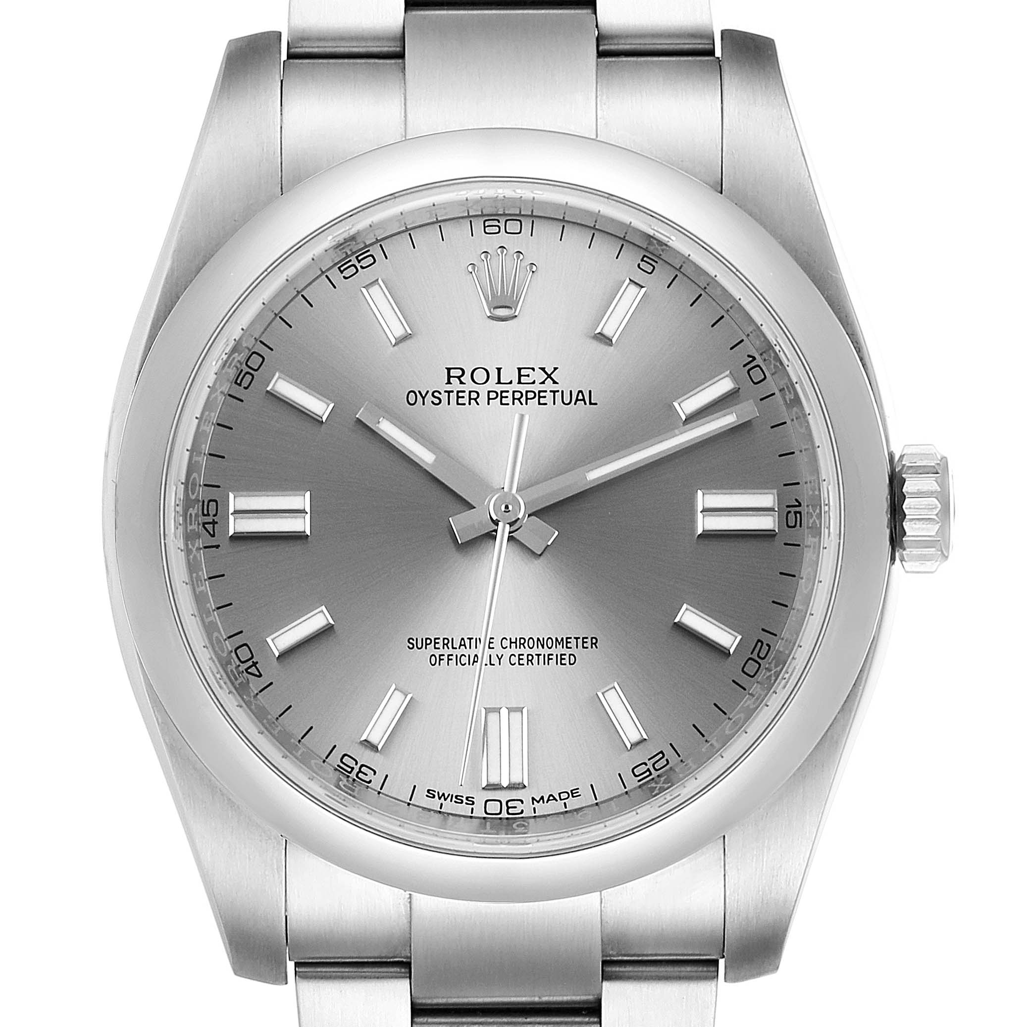 The image shows a front view of a Rolex Oyster Perpetual 116000 Men's Stainless Steel Grey Dial 116000 Men's Stainless Steel Grey Dial watch, highlighting its silver dial, hands, and bracelet.