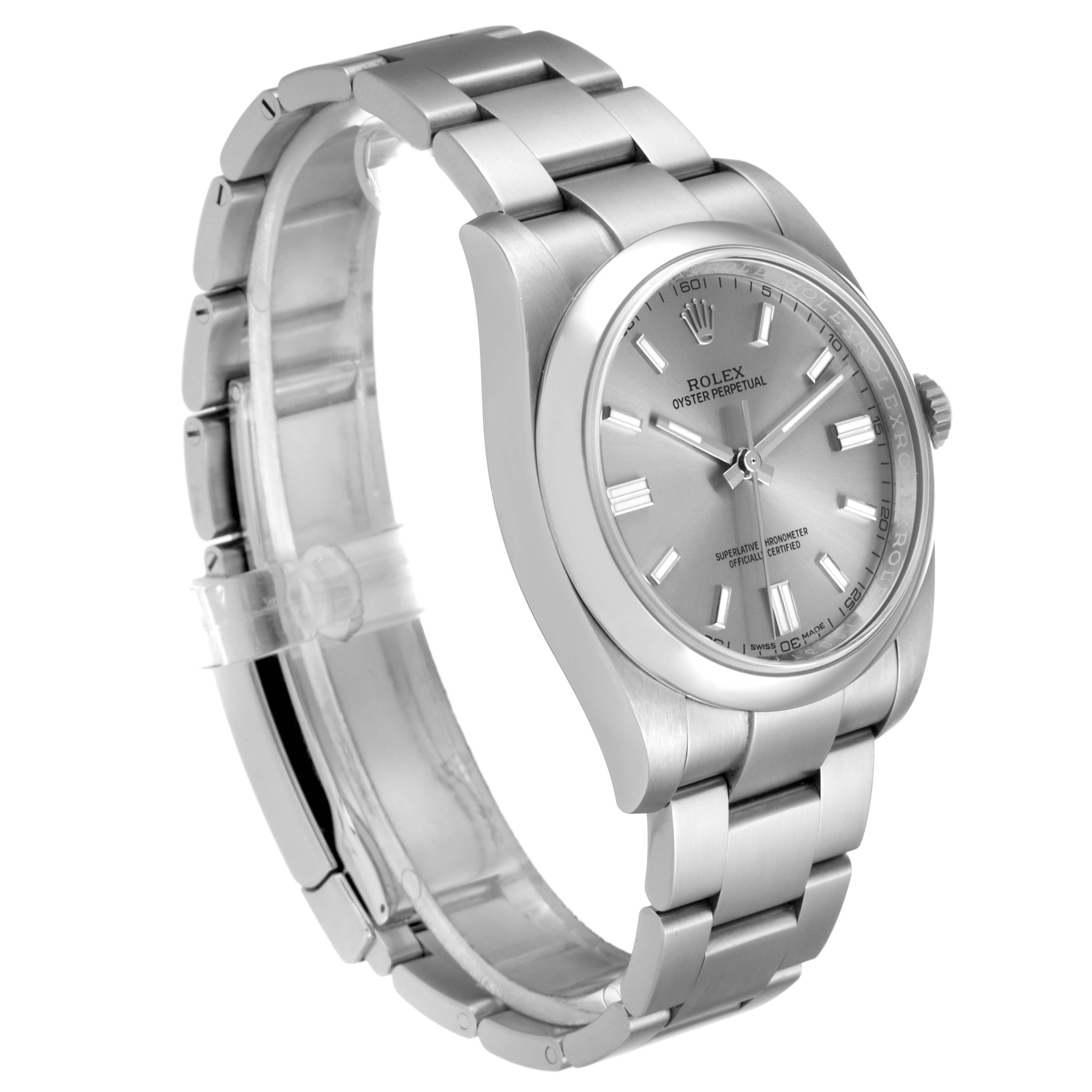 The Rolex Oyster Perpetual 116000 Men's Stainless Steel Grey Dial 116000 Men's Stainless Steel Grey Dial watch is shown at a slight angle displaying the face, bezel, case, and bracelet.