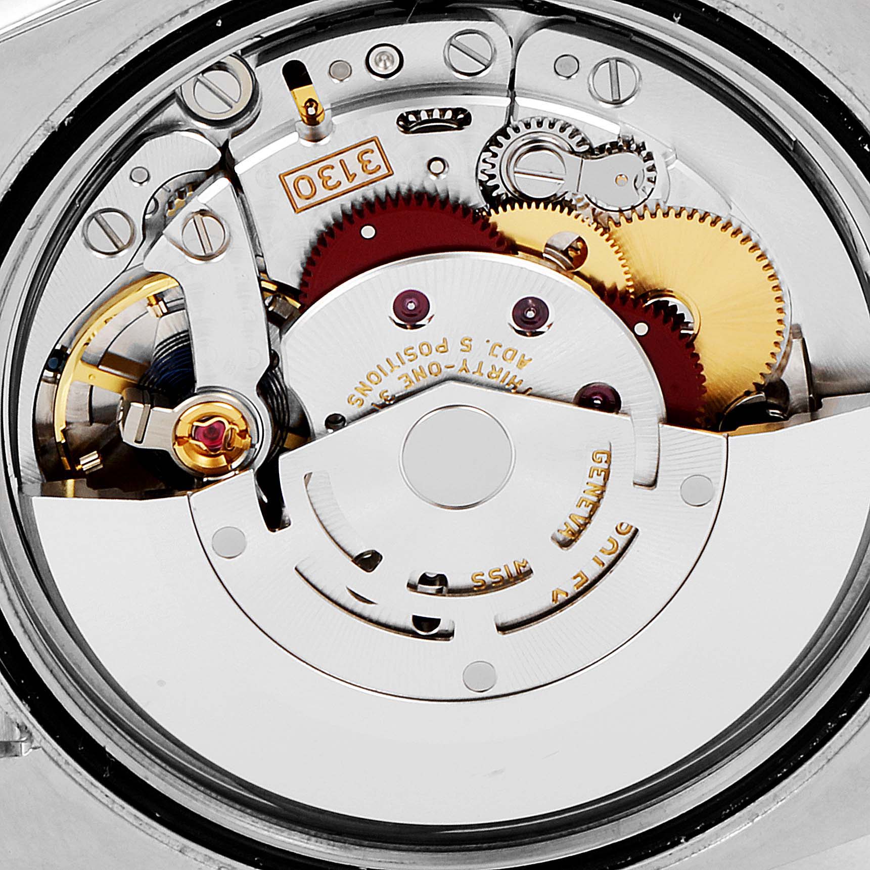 The image shows the internal mechanism of a Rolex Oyster Perpetual 116000 Men's Stainless Steel Grey Dial 116000 Men's Stainless Steel Grey Dial watch, focusing on the movement and gears.