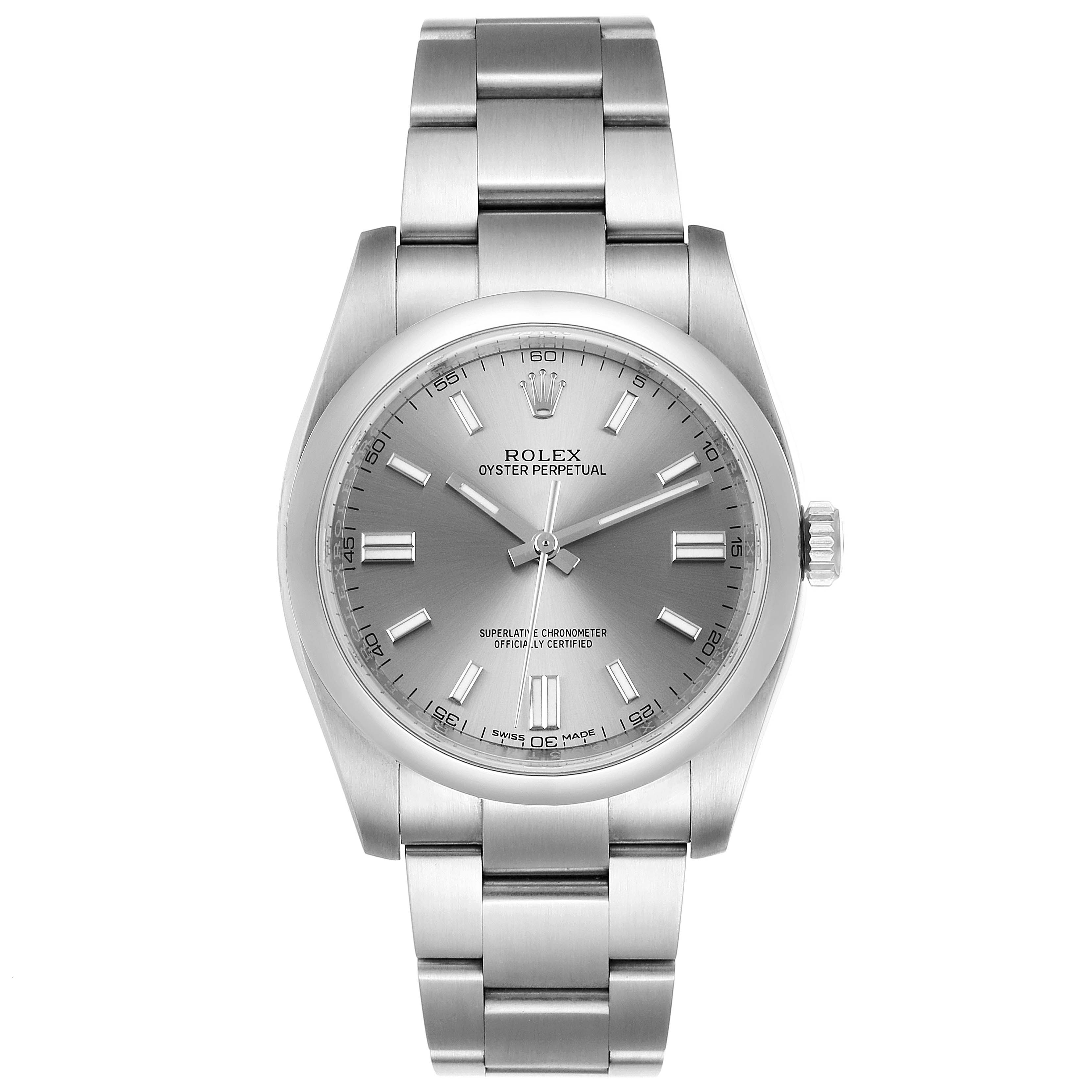 This image shows a front view of a Rolex Oyster Perpetual 116000 Men's Stainless Steel Grey Dial 116000 Men's Stainless Steel Grey Dial watch, featuring its dial, bracelet, and crown.