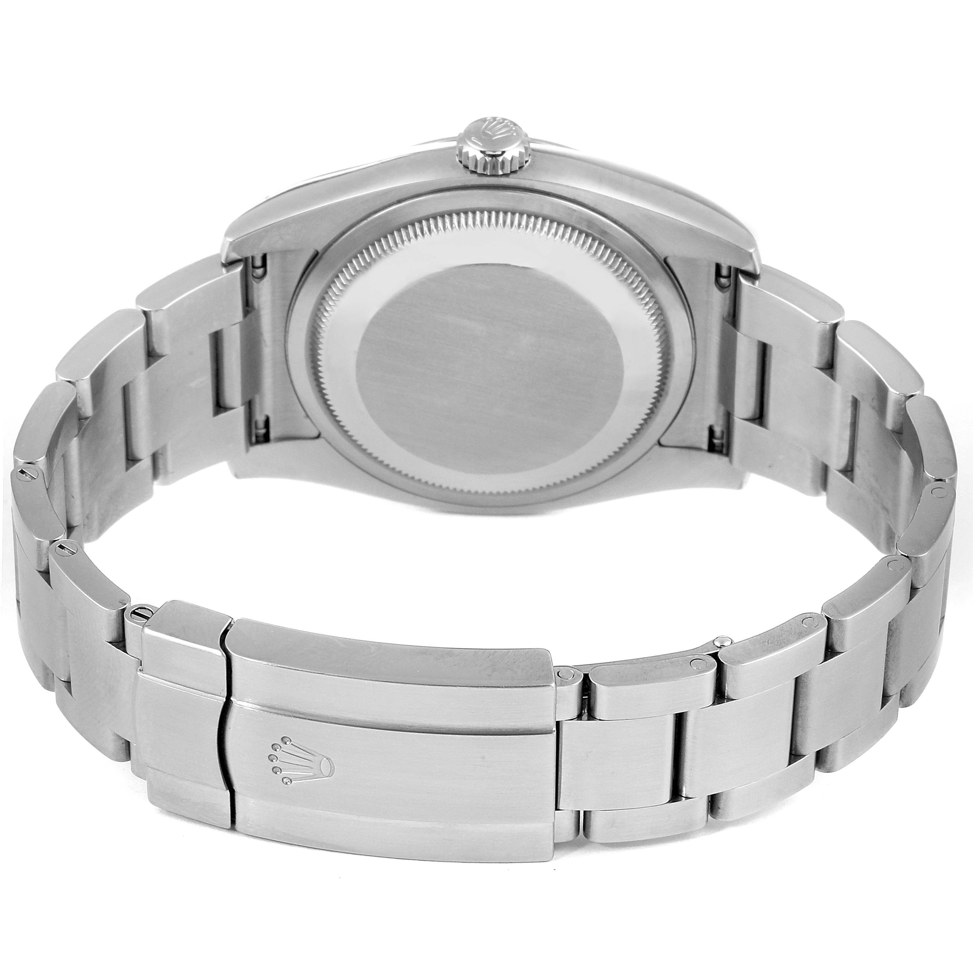 This image shows the back view of the Rolex Oyster Perpetual 116000 Men's Stainless Steel Grey Dial 116000 Men's Stainless Steel Grey Dial watch, highlighting the case back and metal bracelet with clasp.