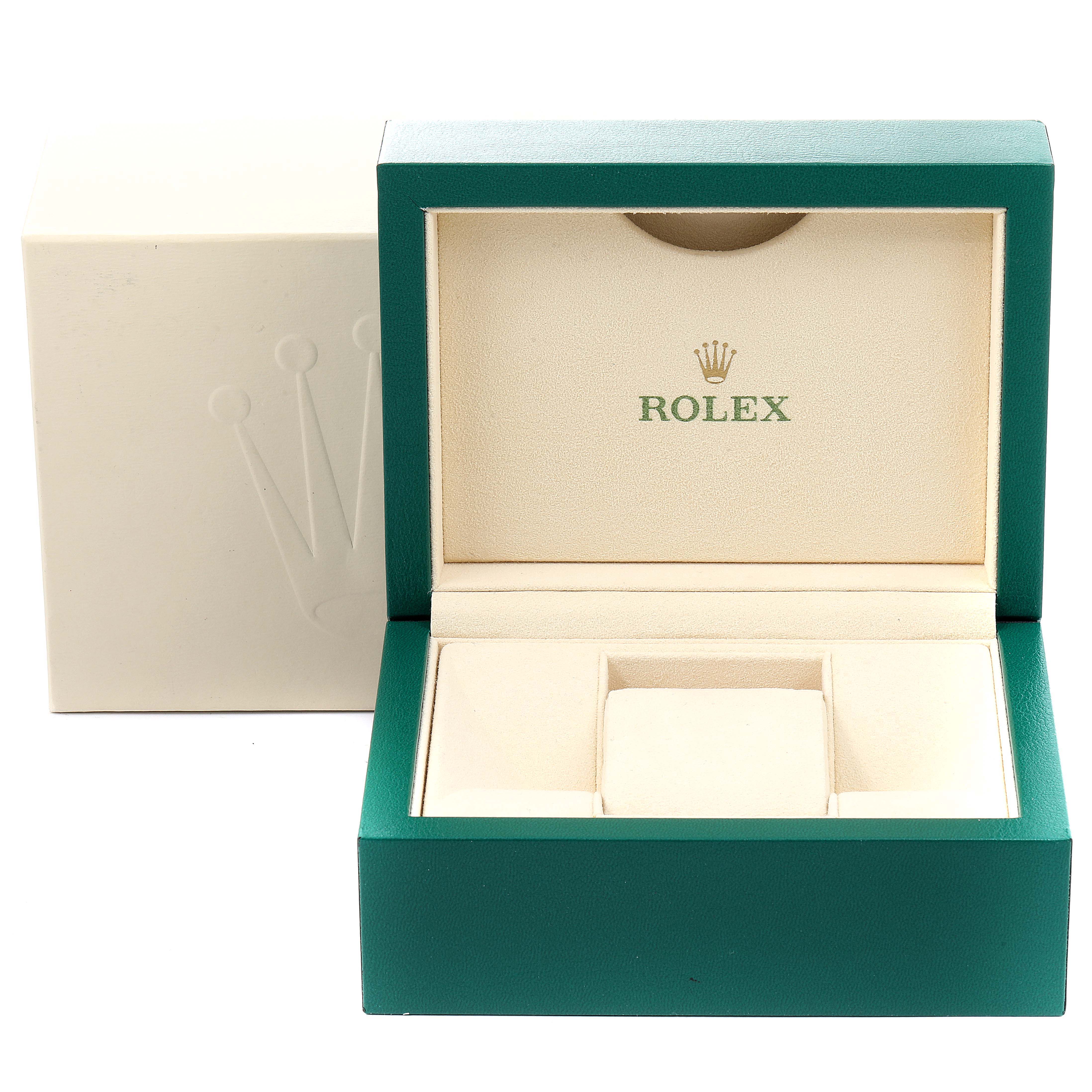 This image shows a green and beige Rolex Oyster Perpetual 116000 Men's Stainless Steel Grey Dial 116000 Men's Stainless Steel Grey Dial watch box, open at a front angle view.