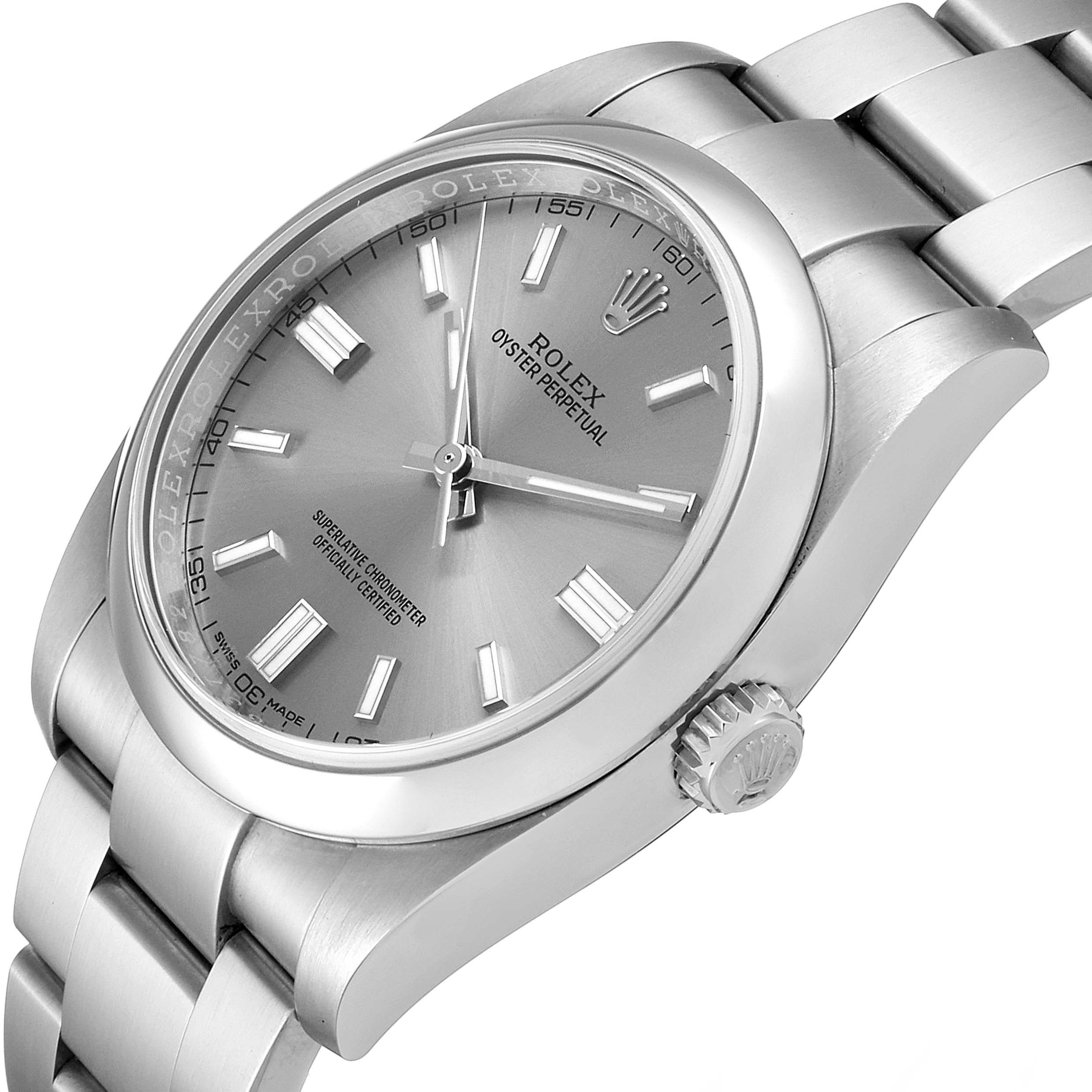 This image shows a side angle of the Rolex Oyster Perpetual 116000 Men's Stainless Steel Grey Dial 116000 Men's Stainless Steel Grey Dial watch, highlighting its dial, bezel, case, and part of the bracelet.