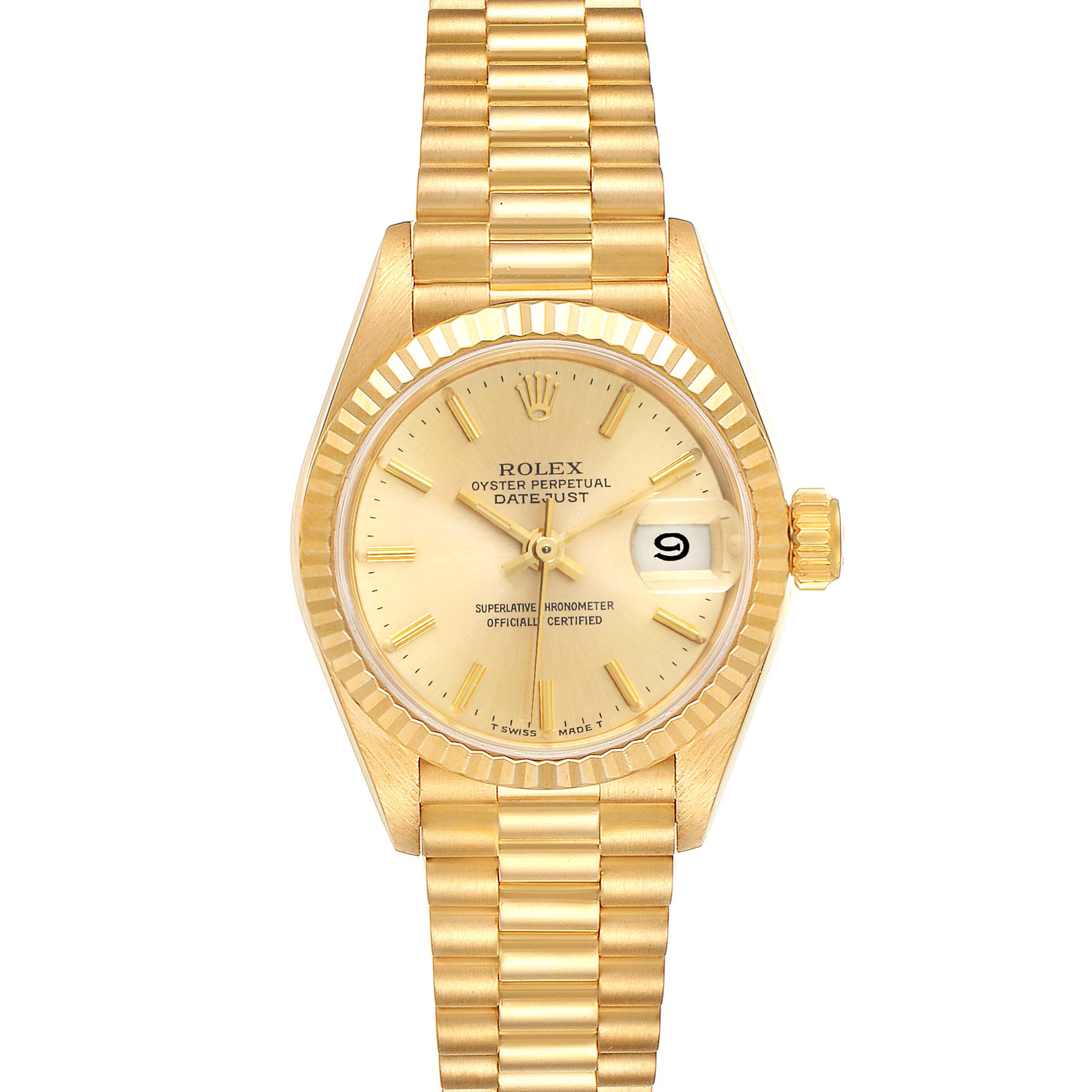 The image shows a frontal view of a Rolex President 69178 Women's Yellow Gold Champagne Dial 69178 Women's Yellow Gold Champagne Dial Oyster Perpetual Datejust watch, highlighting its dial, bezel, bracelet, and crown.