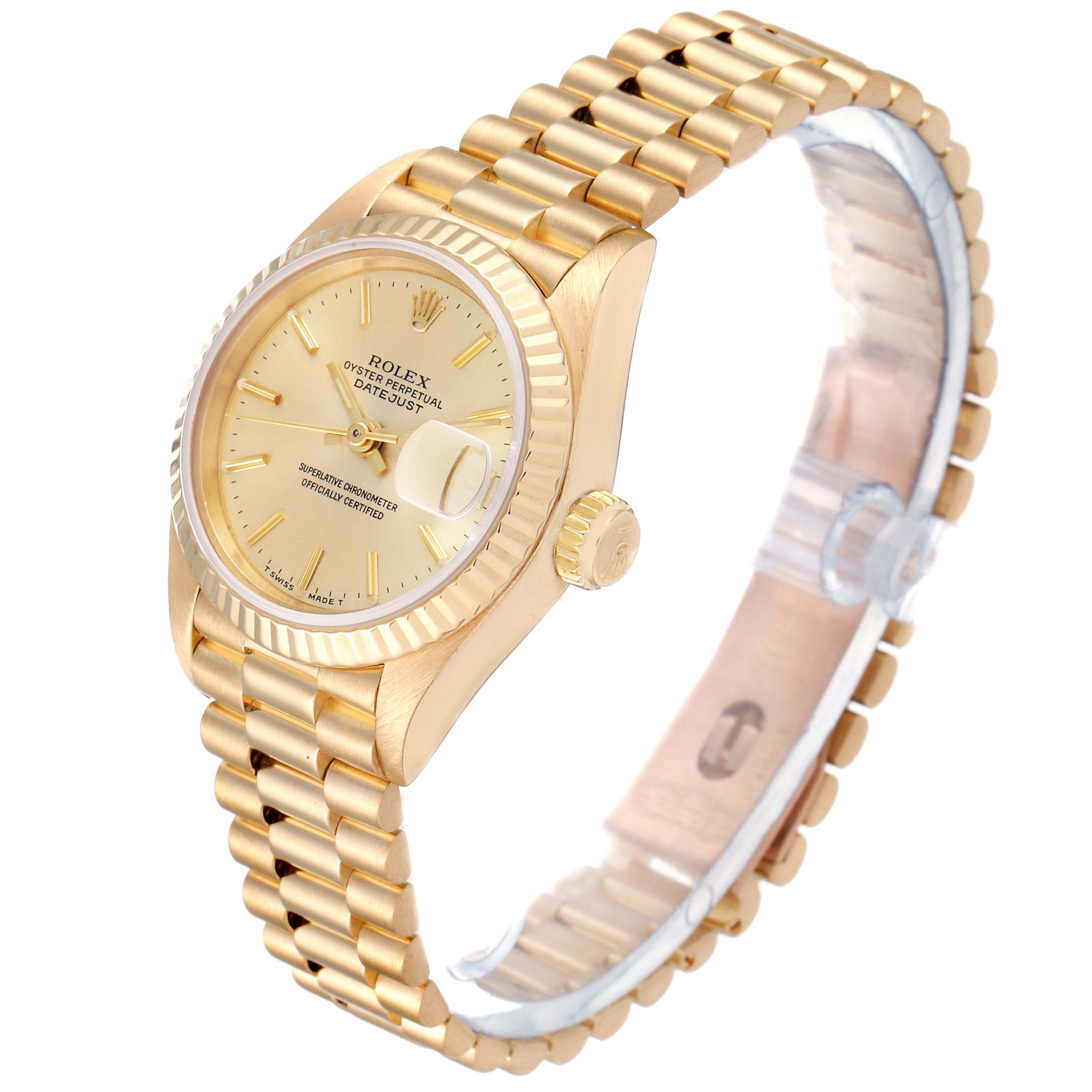 The image shows a Rolex President 69178 Women's Yellow Gold Champagne Dial 69178 Women's Yellow Gold Champagne Dial model watch at a three-quarter angle, highlighting the gold case, bracelet, and dial with date feature.