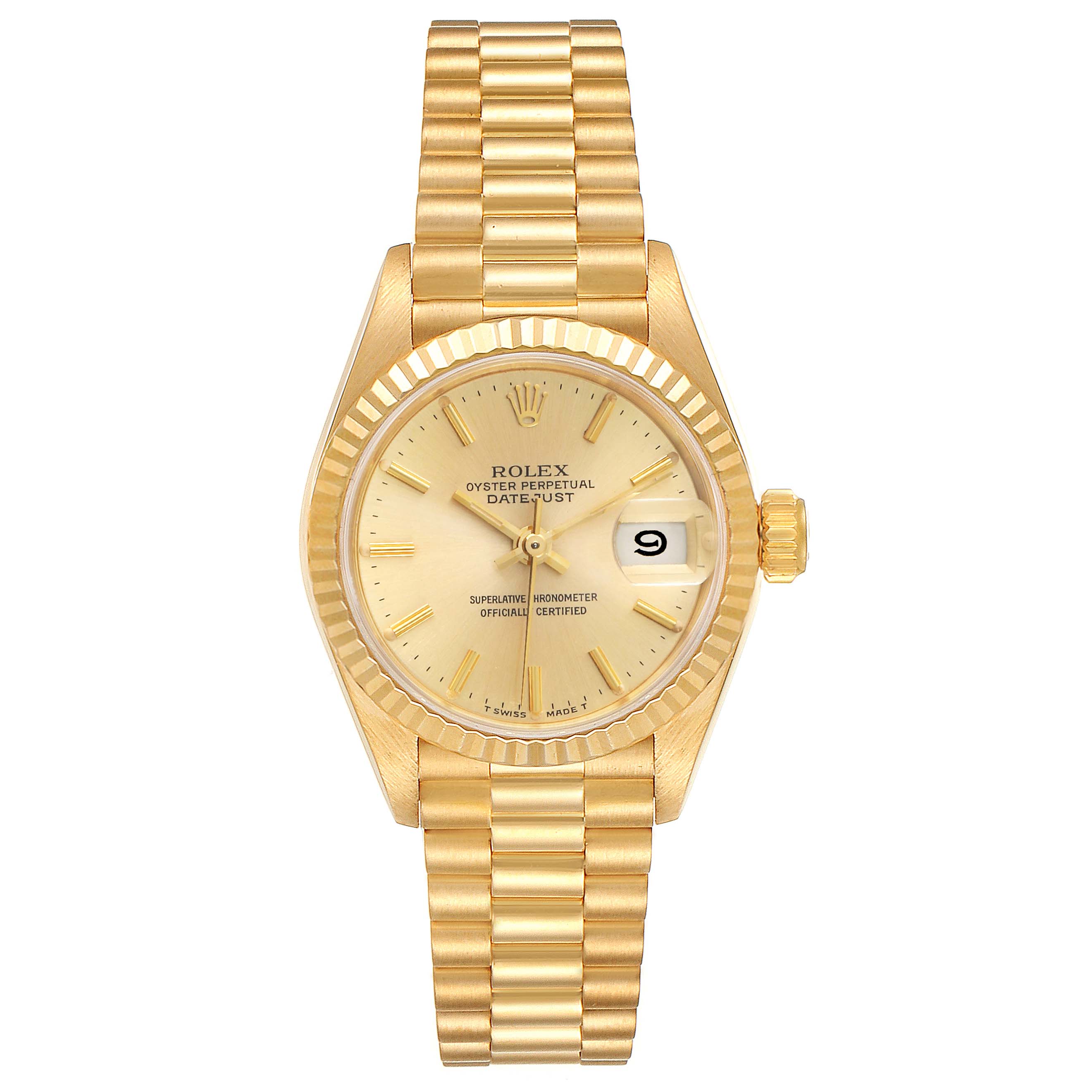 The image shows the front view of a Rolex President 69178 Women's Yellow Gold Champagne Dial 69178 Women's Yellow Gold Champagne Dial model watch, featuring the dial, hands, date window, and bracelet.