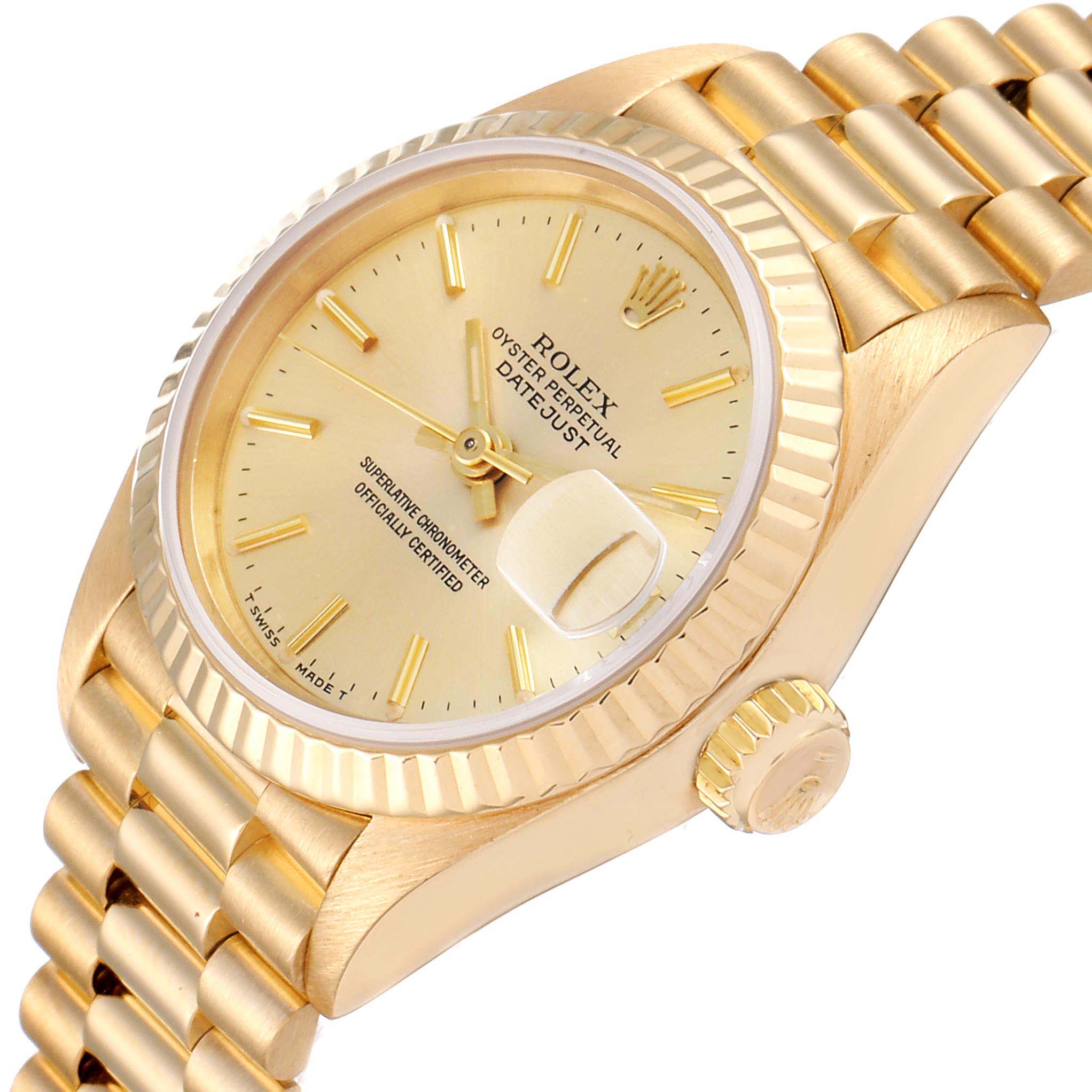 This image shows a side-angle view of the Rolex President 69178 Women's Yellow Gold Champagne Dial 69178 Women's Yellow Gold Champagne Dial model watch, featuring its dial, fluted bezel, crown, and bracelet.