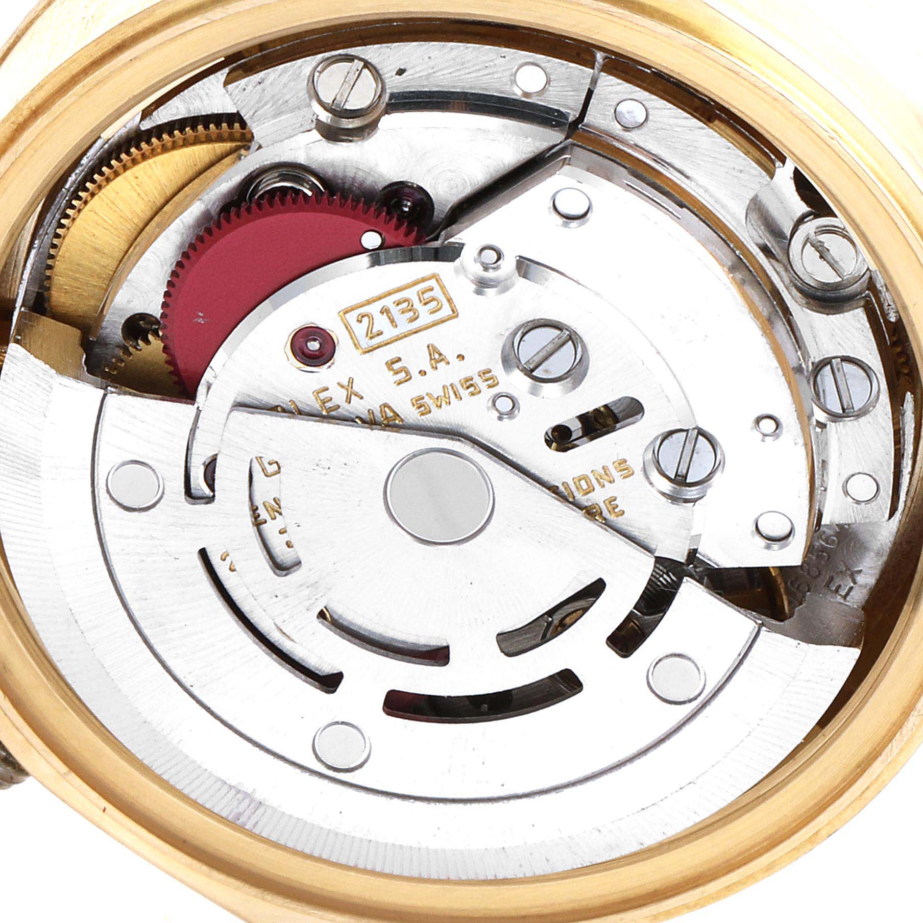 This image shows a close-up view of the internal movement mechanism of a Rolex President 69178 Women's Yellow Gold Champagne Dial 69178 Women's Yellow Gold Champagne Dial model watch.