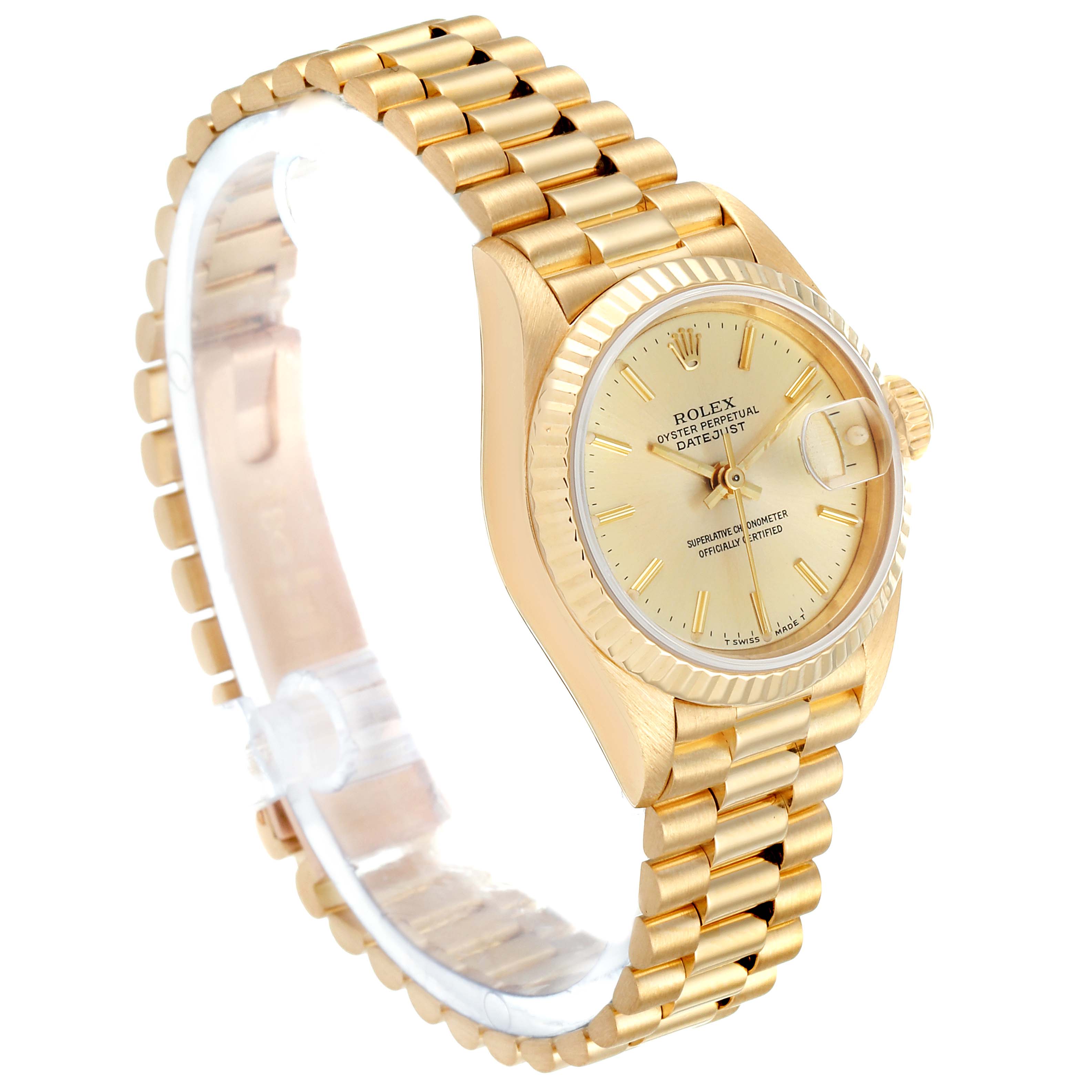 The Rolex President 69178 Women's Yellow Gold Champagne Dial 69178 Women's Yellow Gold Champagne Dial model watch is shown from a side angle, highlighting its gold bracelet, case, bezel, and dial.