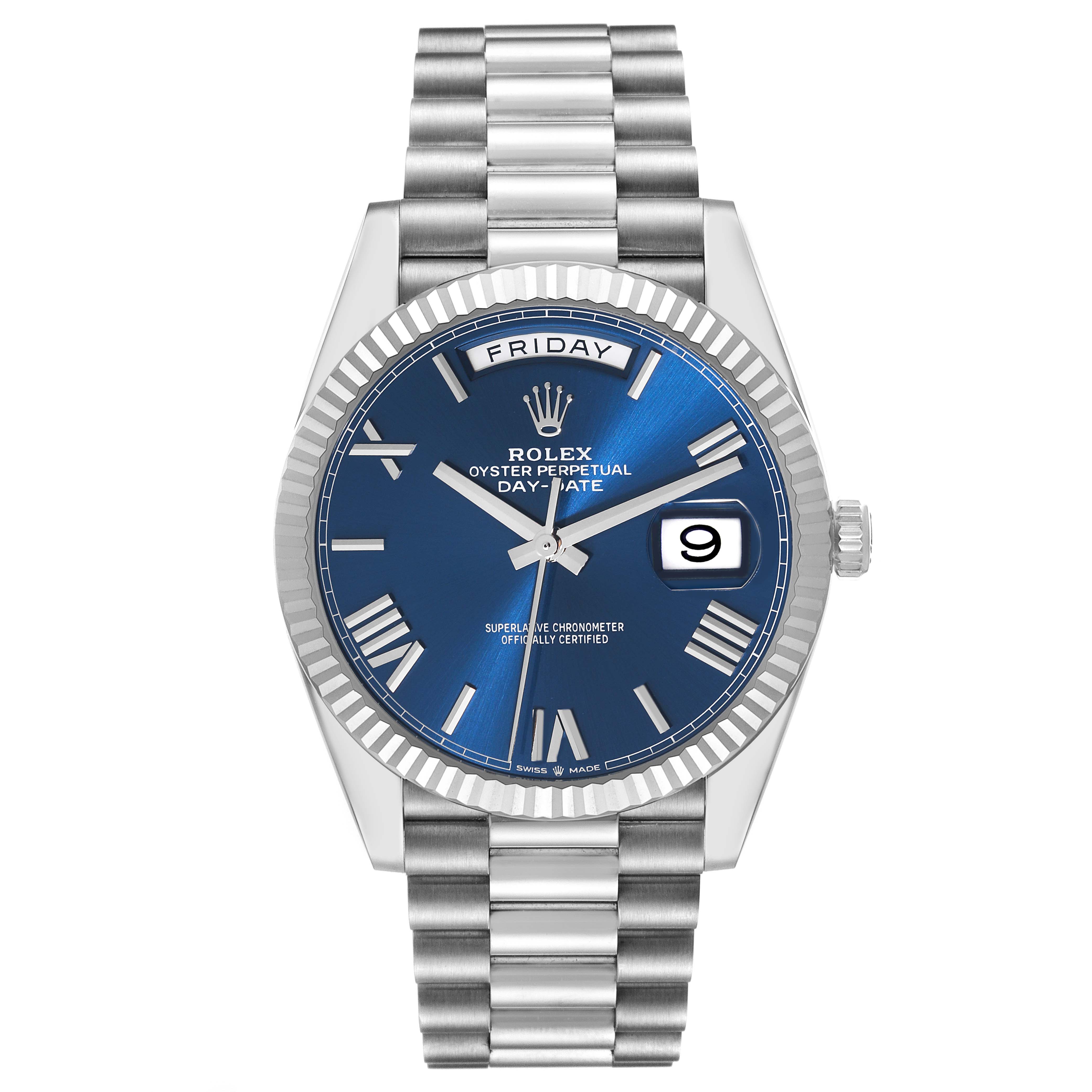 The Rolex President 228239 Men's White Gold Blue Dial 228239 Men's White Gold Blue Dial model is shown from a frontal angle, highlighting the blue dial, fluted bezel, and the day and date display.