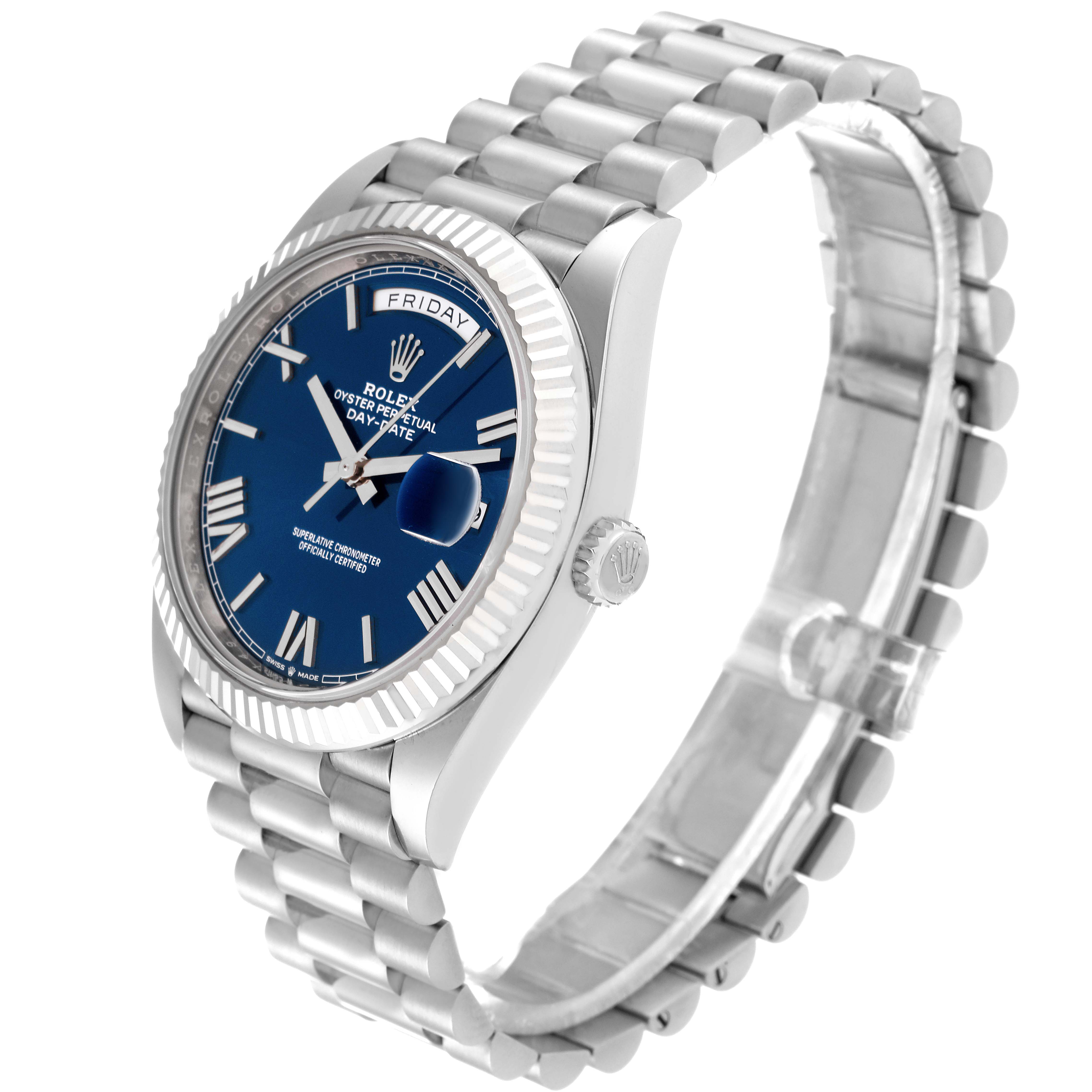 This image shows a side angle of the Rolex President 228239 Men's White Gold Blue Dial 228239 Men's White Gold Blue Dial model, featuring its blue dial, fluted bezel, and link bracelet.