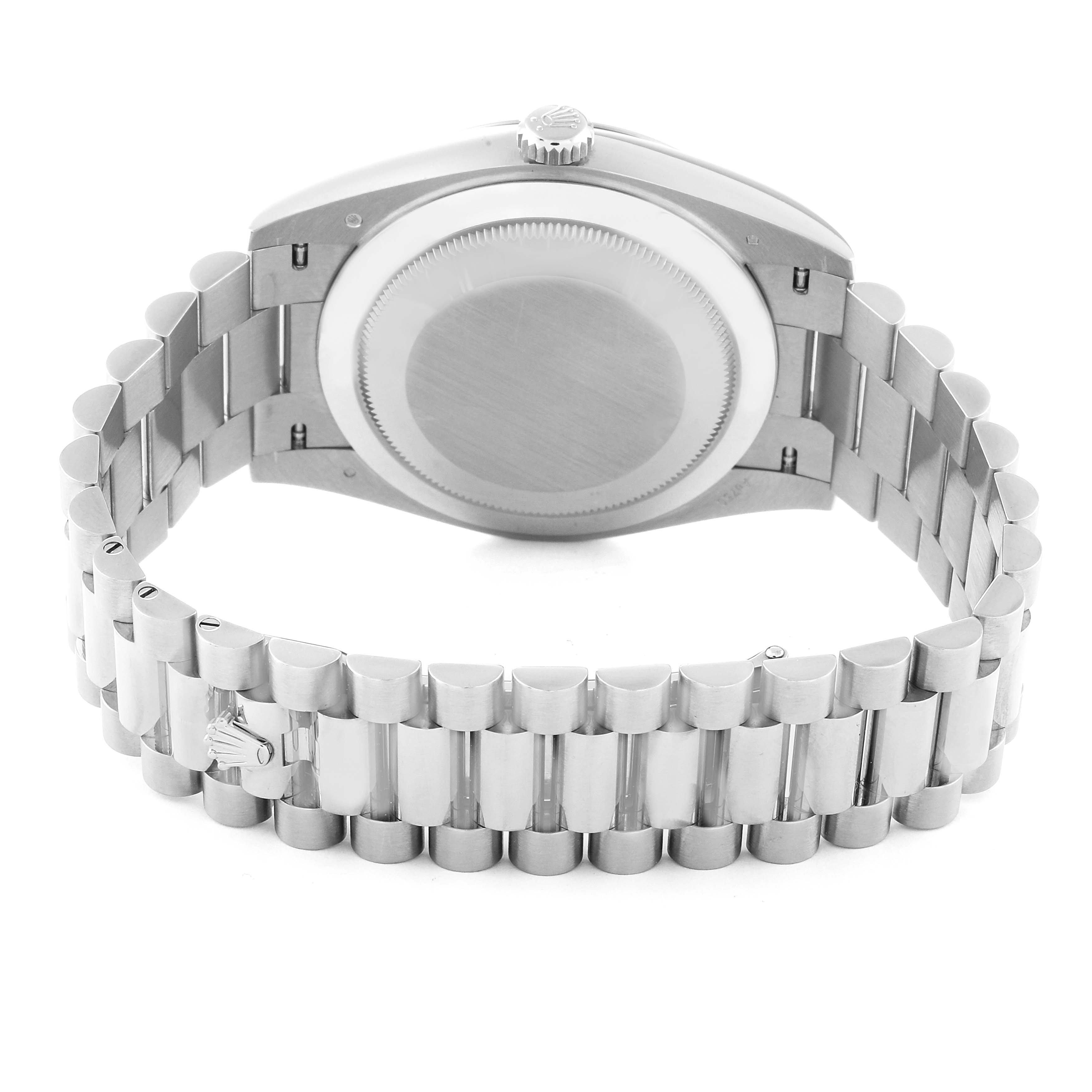 The image shows the back case and bracelet of a Rolex President 228239 Men's White Gold Blue Dial 228239 Men's White Gold Blue Dial model watch in a rear view.