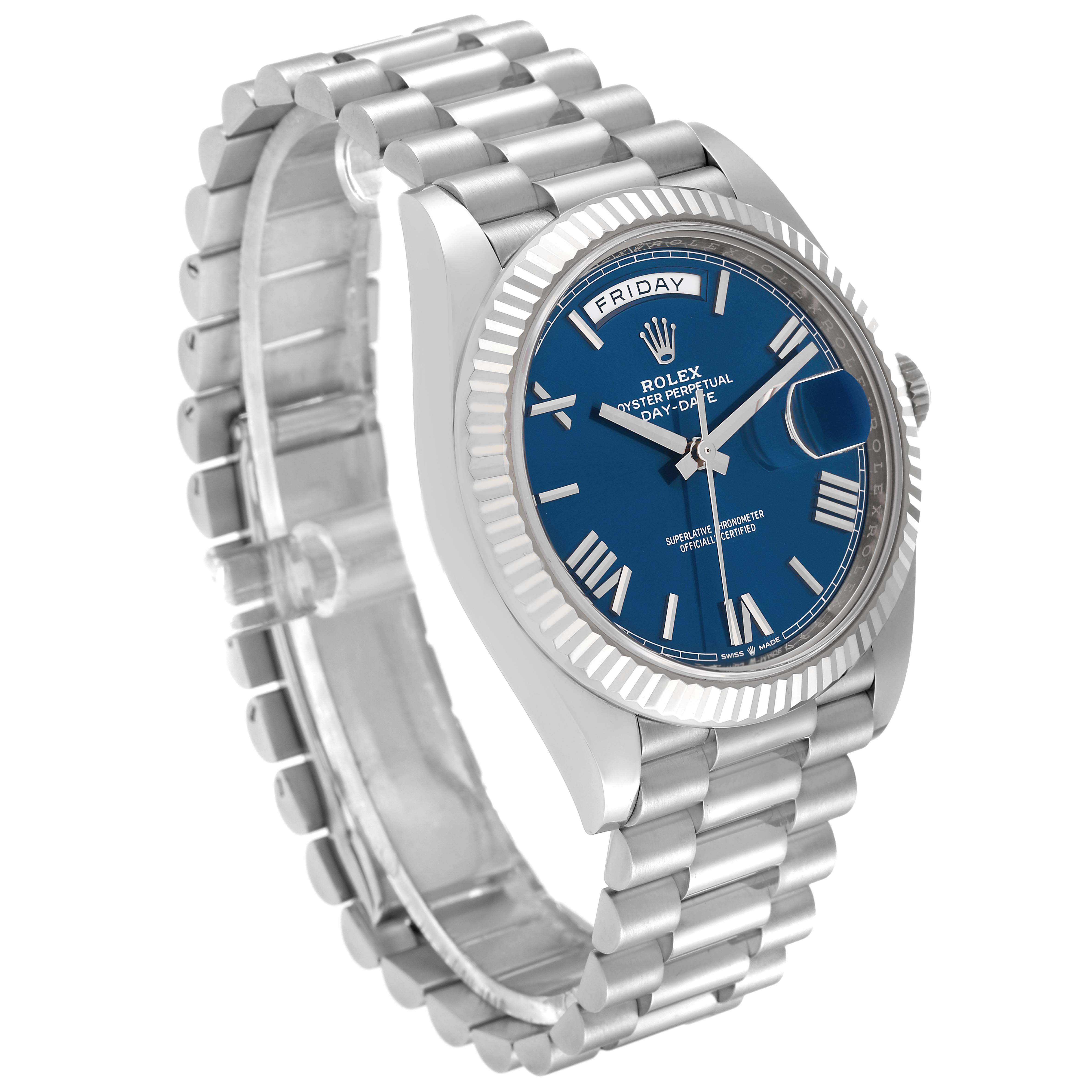 The image shows a Rolex President 228239 Men's White Gold Blue Dial 228239 Men's White Gold Blue Dial model watch from an angle spotlighting its dial, bezel, and bracelet.