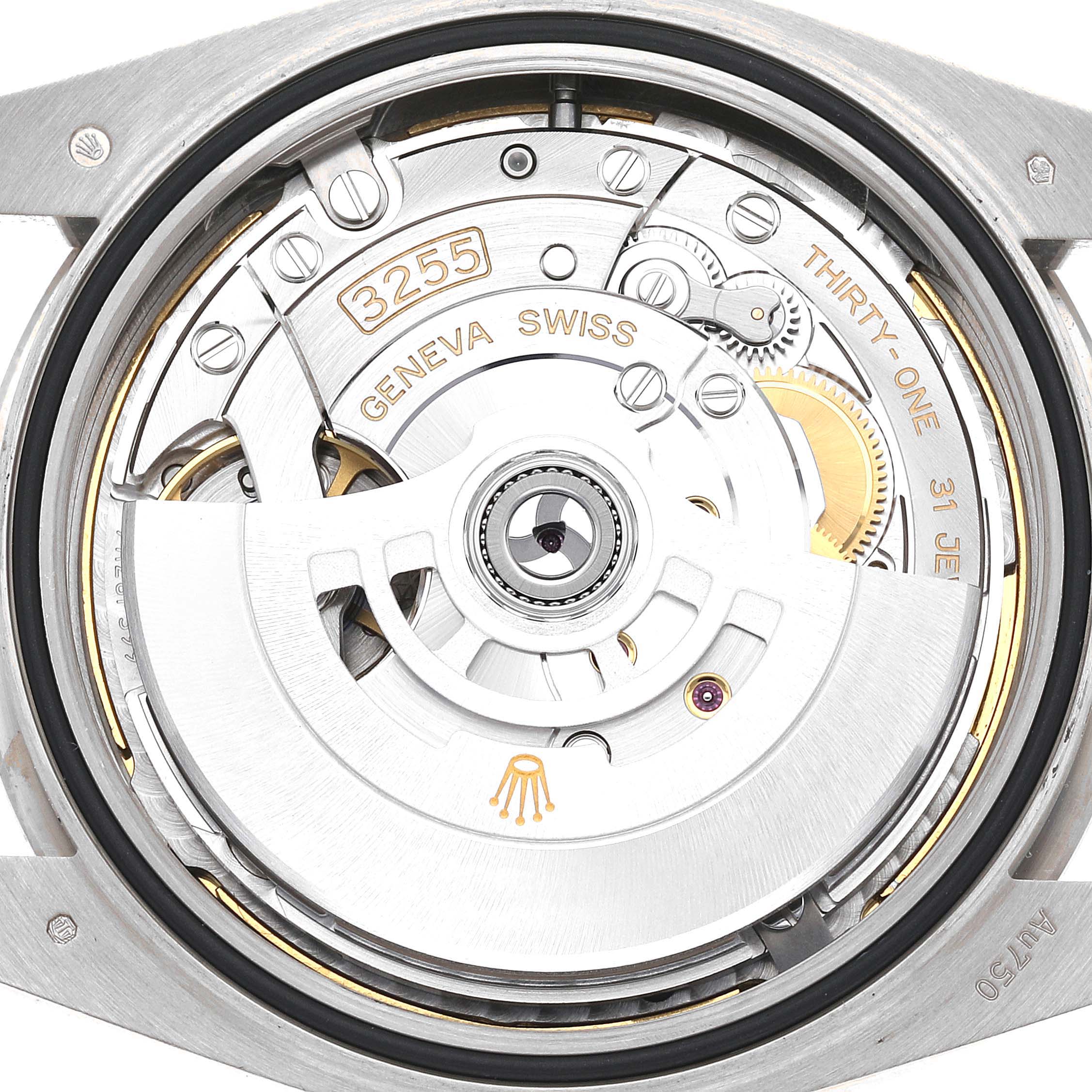 This image shows the movement mechanism of the Rolex President 228239 Men's White Gold Blue Dial 228239 Men's White Gold Blue Dial model watch, specifically focusing on the 3255 caliber and intricate internal components.