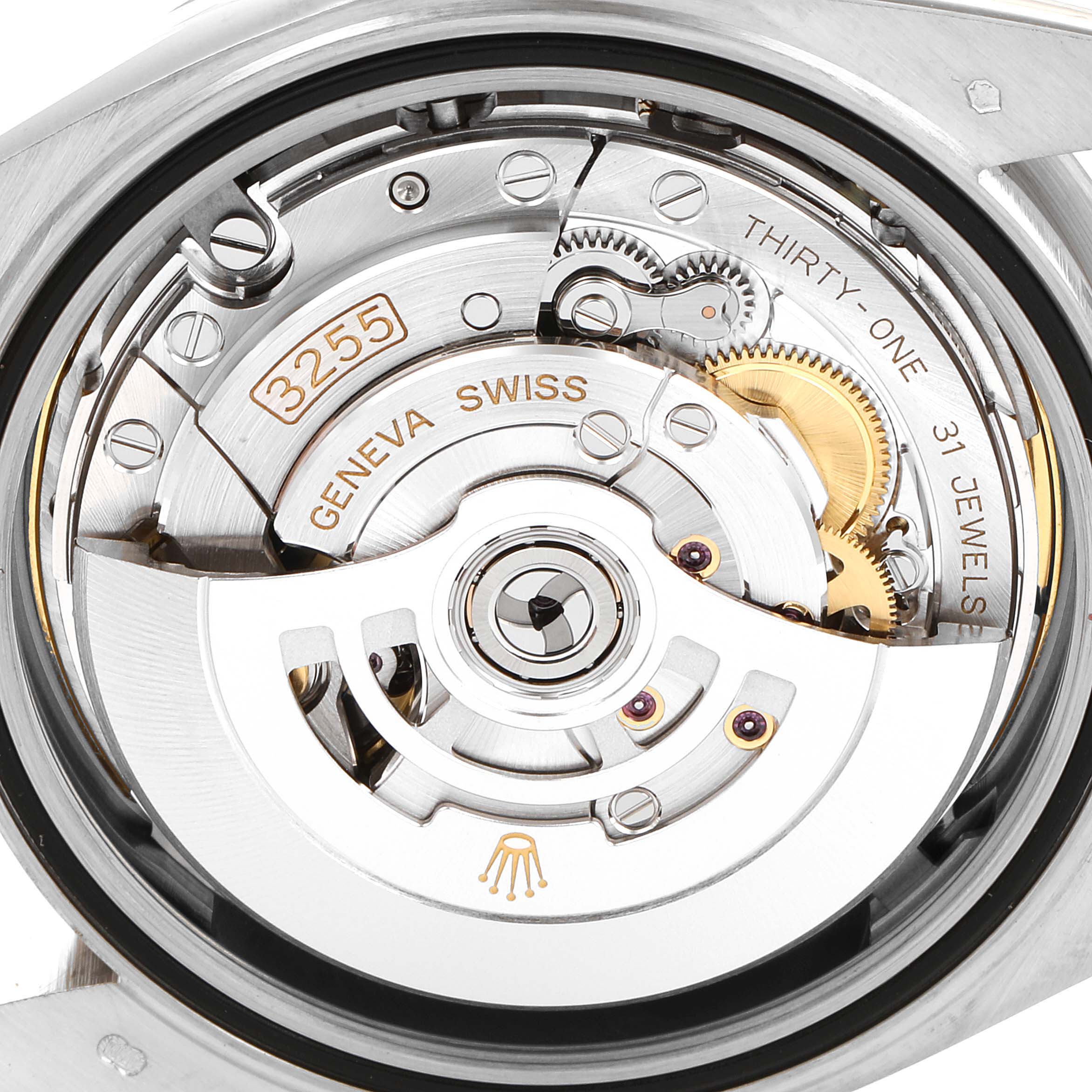 This image shows a close-up of the movement and internal mechanics of a Rolex President 228239 Men's White Gold Blue Dial 228239 Men's White Gold Blue Dial model watch.