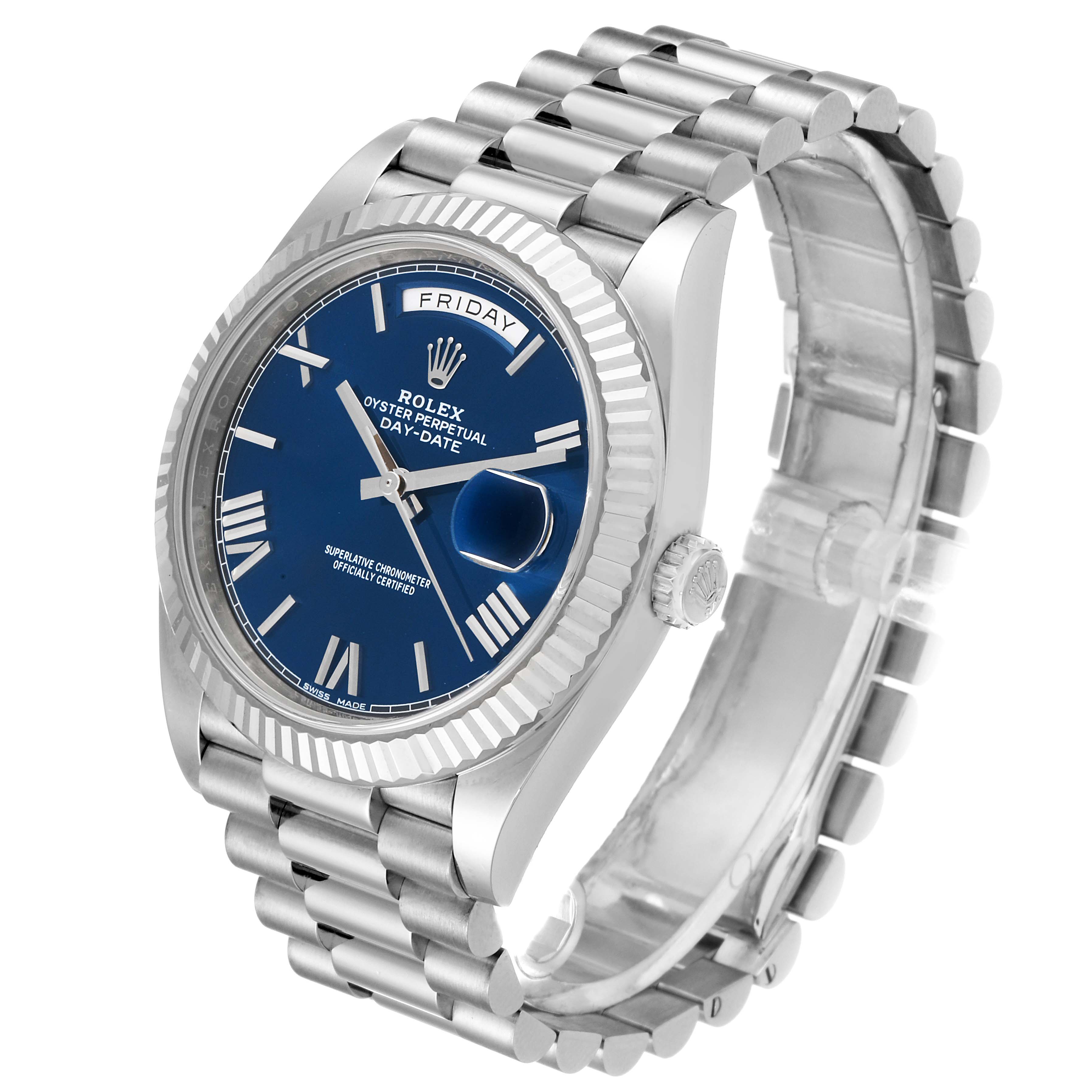 The image shows a Rolex President 228239 Men's White Gold Blue Dial 228239 Men's White Gold Blue Dial model watch from an angled side view, highlighting the bracelet, bezel, and dial.